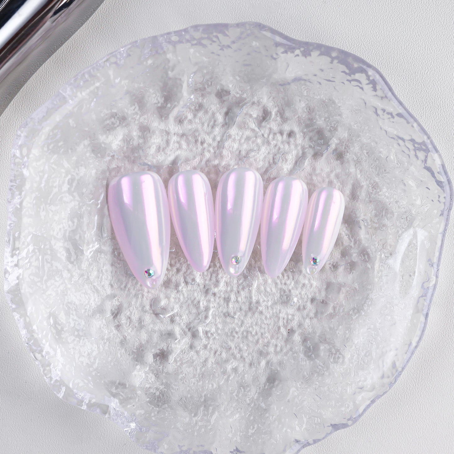 Pink Aurora Medium Length Almond Fashion Pressed Nail Set Solid Color Handmade False Nails Rhinestone Wholesale for Finger