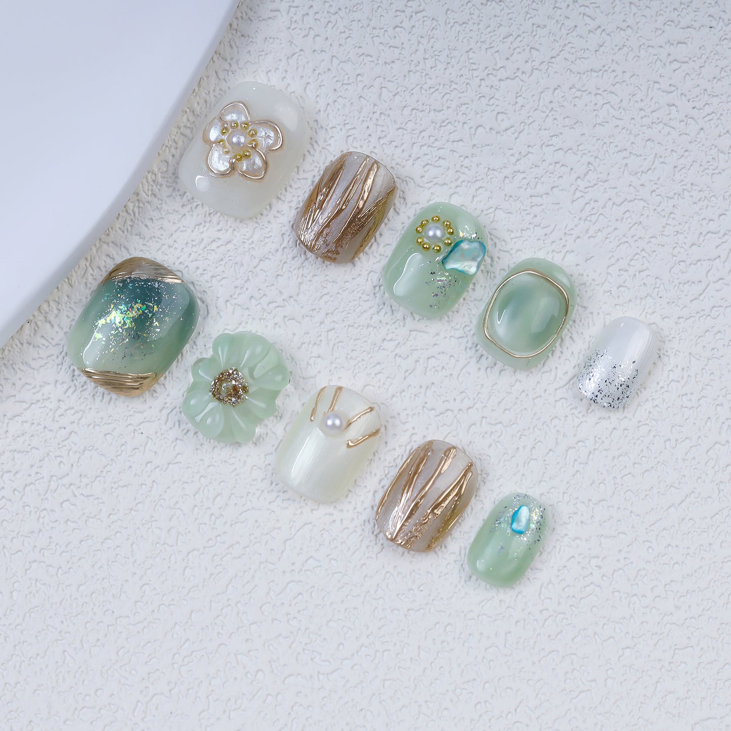 Luxury Handmade Press-On Nails | Jade Green Gradient with 3D Pearl Flower & Gold Foil Design | Premium Glue-On Manicure Set