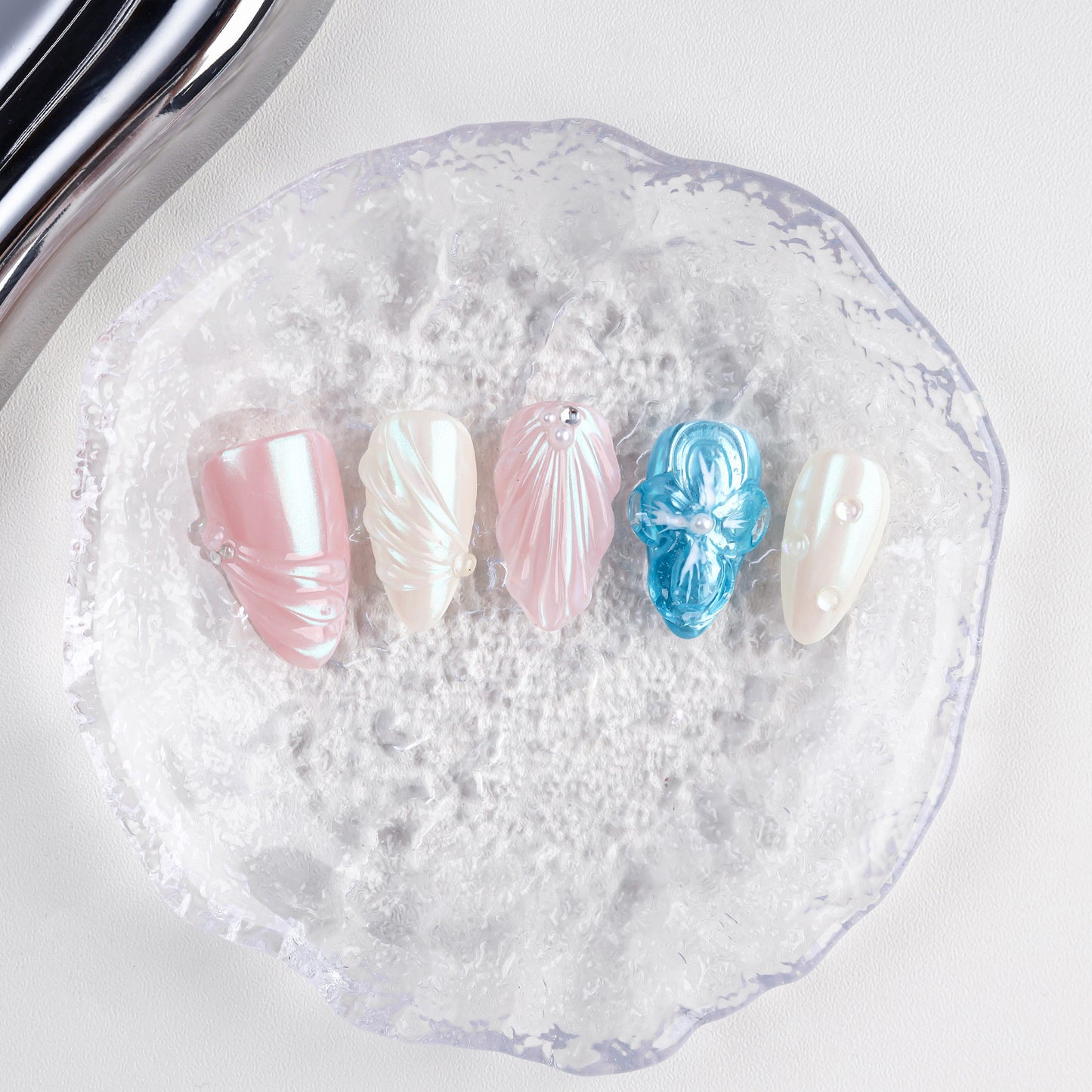 Handmade 3D Carving Aurora Almond Flower Design Custom 10pcs Reusable Press on Nails with Glue False Artificial Fingernails