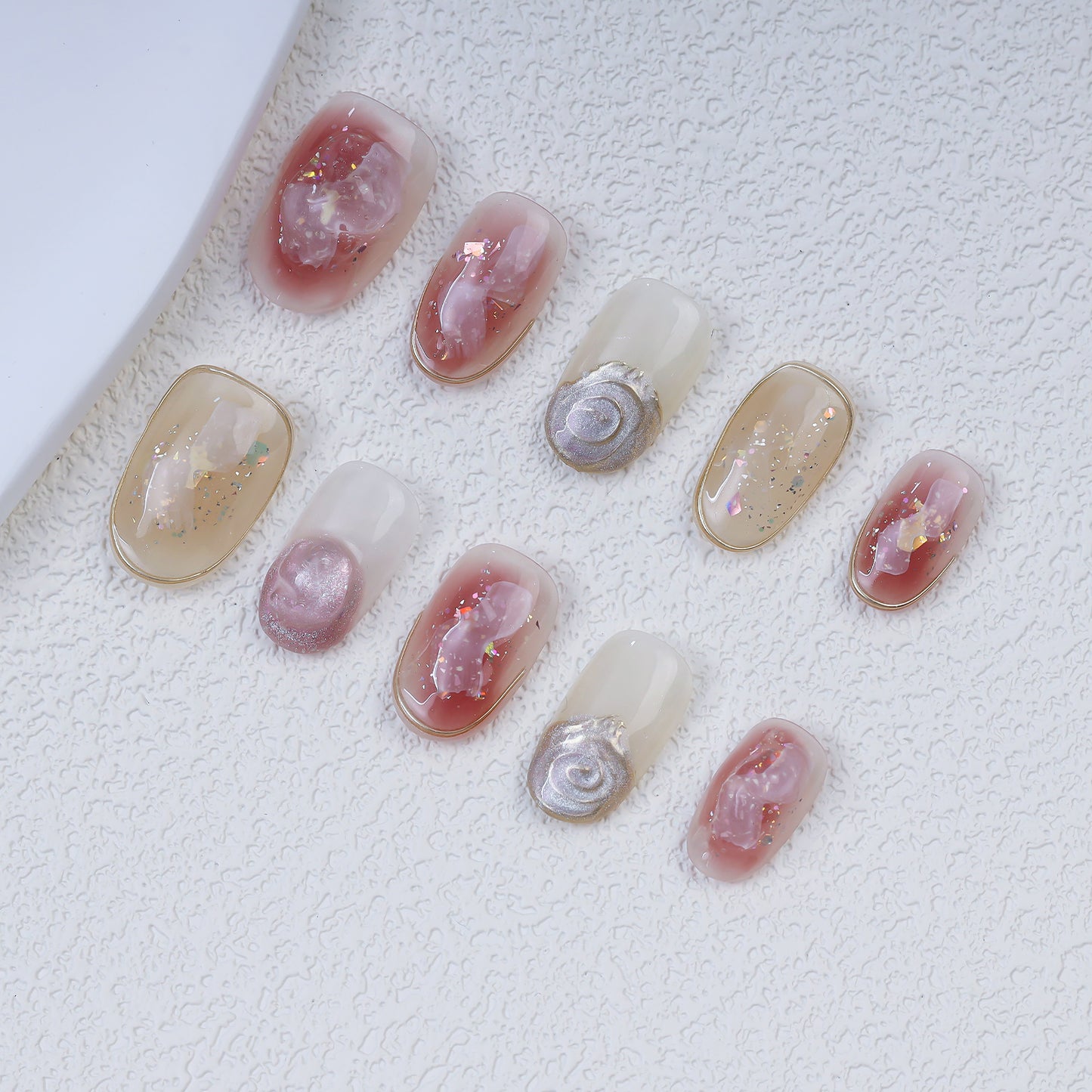 Handmade Oval Press-On Nails | Romantic Pink Flower & Champagne Gold Design with Pearl | Custom Glue-On Nails