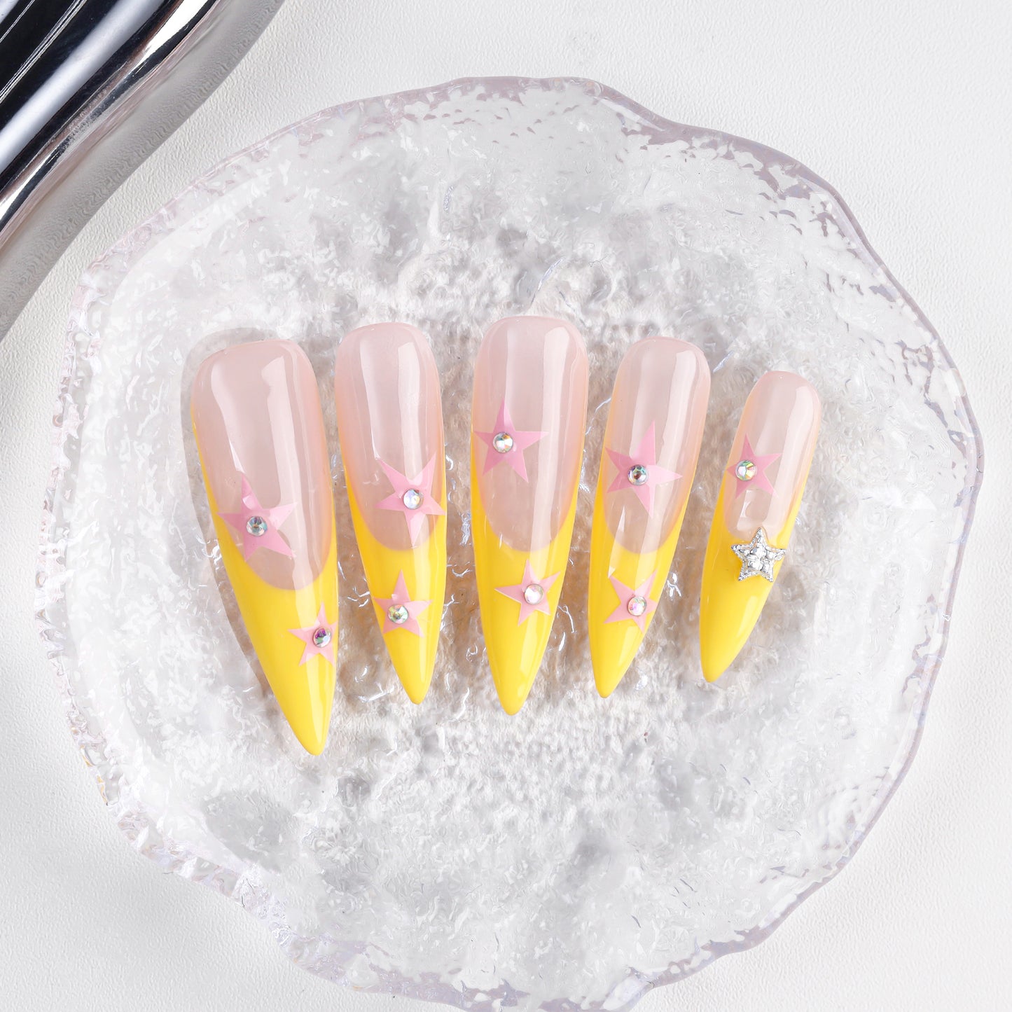 Luxury Long Stiletto Yellow French Tip Pink Star Shape Handmade False Press on Nails Artificial Fingernails for Party