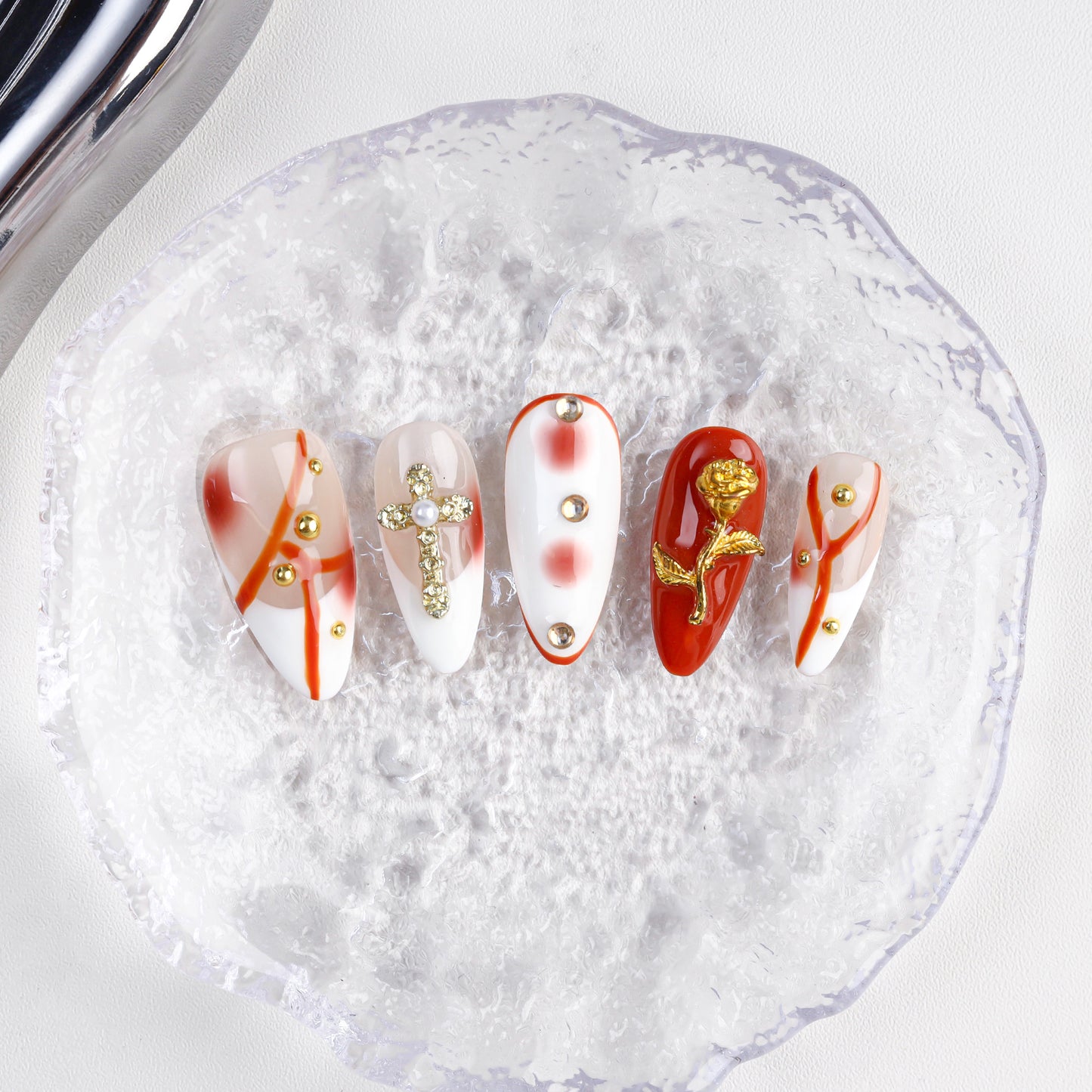 New Popular Hand Painted Cross Rose Almond False Nails 10pcs Artificial Press Nails for Girls Handmade Wholesale for Finger