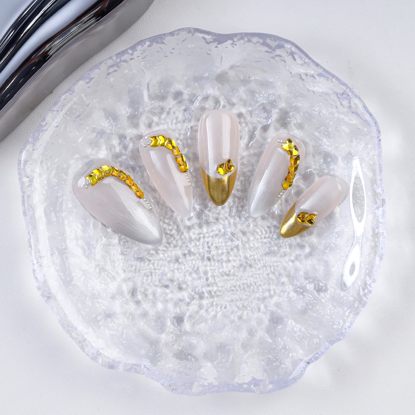 10pcs Gold Wheat Ear Handmade Almond Press on Nails Wholesale Stick on Nail Art Artificial Fingernails for Party with Rhinestone