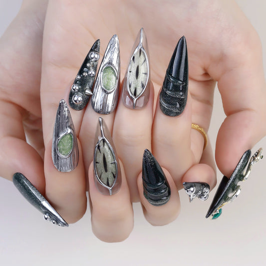 Hot Sale Dark Series Press on Nails Wholesale Slytherin Snake Nail Art Punk Metal Style Devil Eye Hand-wearing Fake Nail Art