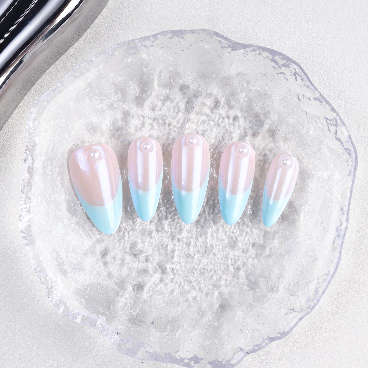 Blue Aurora Almond-Shaped French Style Artificial Nails Long Handmade High Quality Reusable Pearl for Finger Application