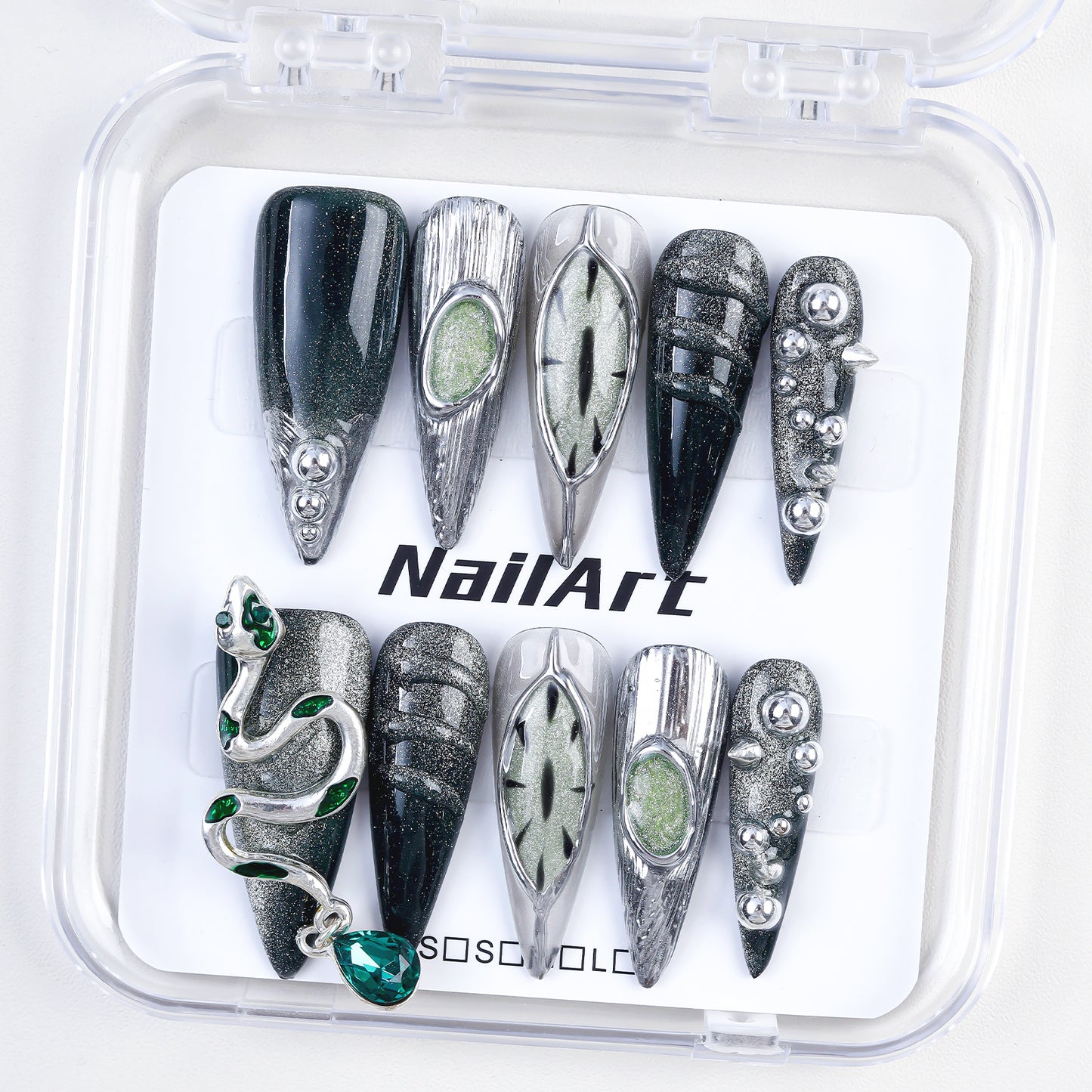 Hot Sale Dark Series Press on Nails Wholesale Slytherin Snake Nail Art Punk Metal Style Devil Eye Hand-wearing Fake Nail Art