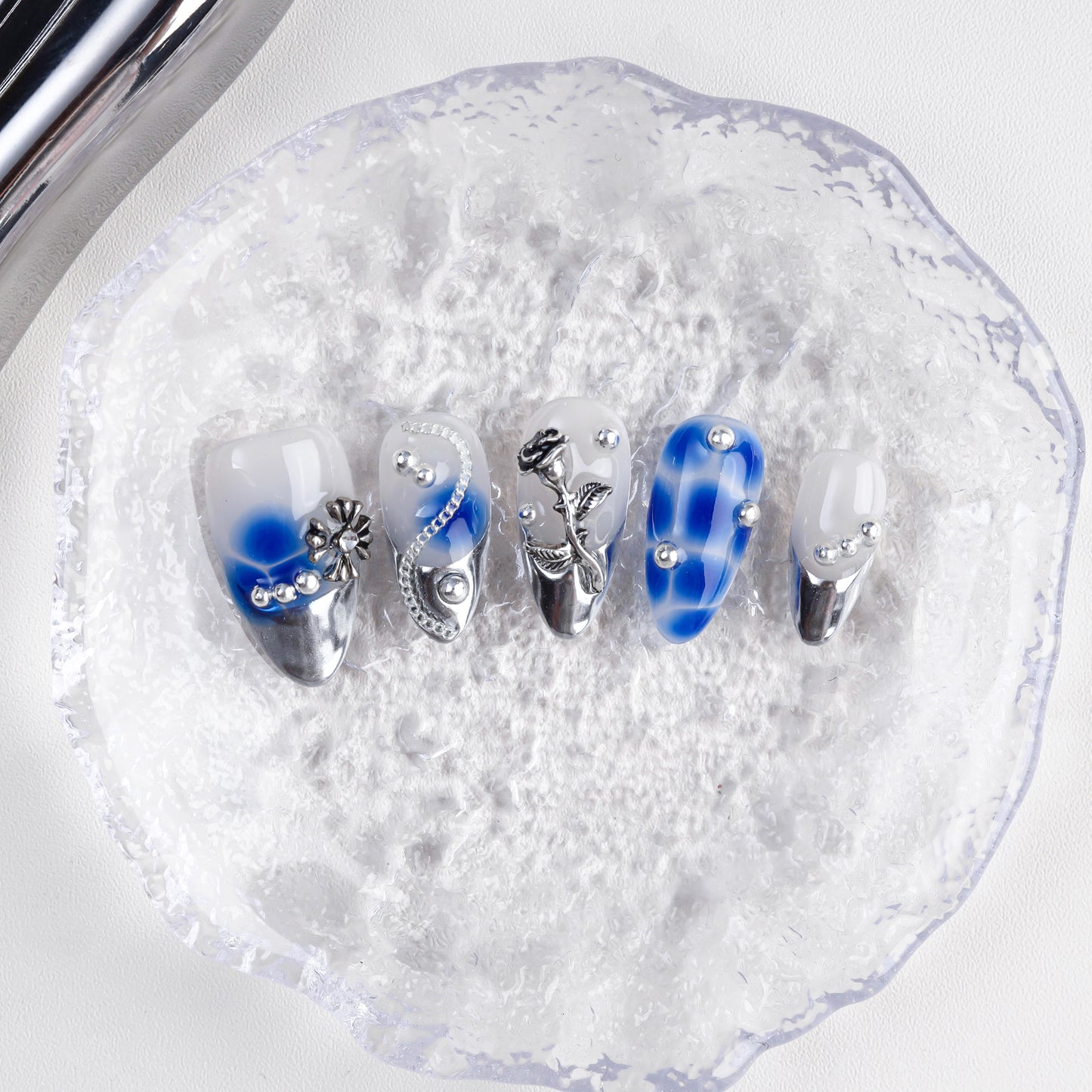 Custom 3d Blue Rose Pearl Handmade Acrylic Reusable Press on Nails Wholesale Fake Nails 10pcs with Charm