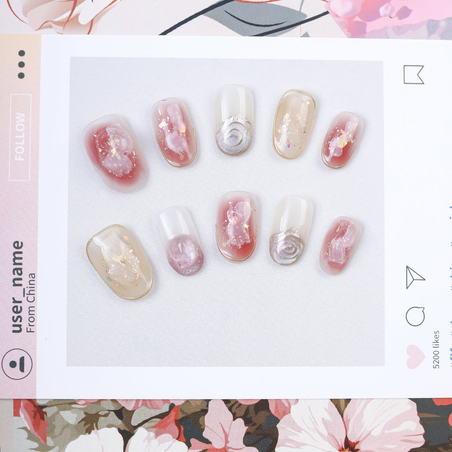 Handmade Oval Press-On Nails | Romantic Pink Flower & Champagne Gold Design with Pearl | Custom Glue-On Nails