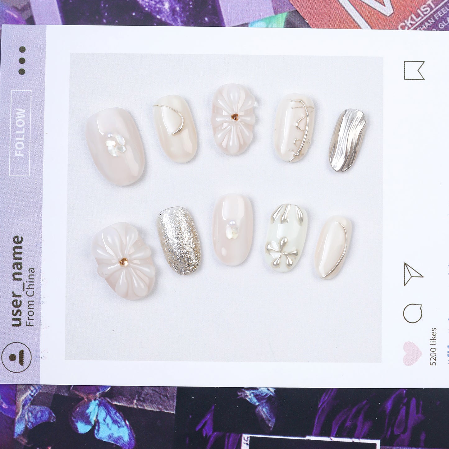 High Quality 10pcs Handmade 3D Short Acrylic Gel Press Nails Elegant Pearl Shell & Silver Design Private Label False Nails
