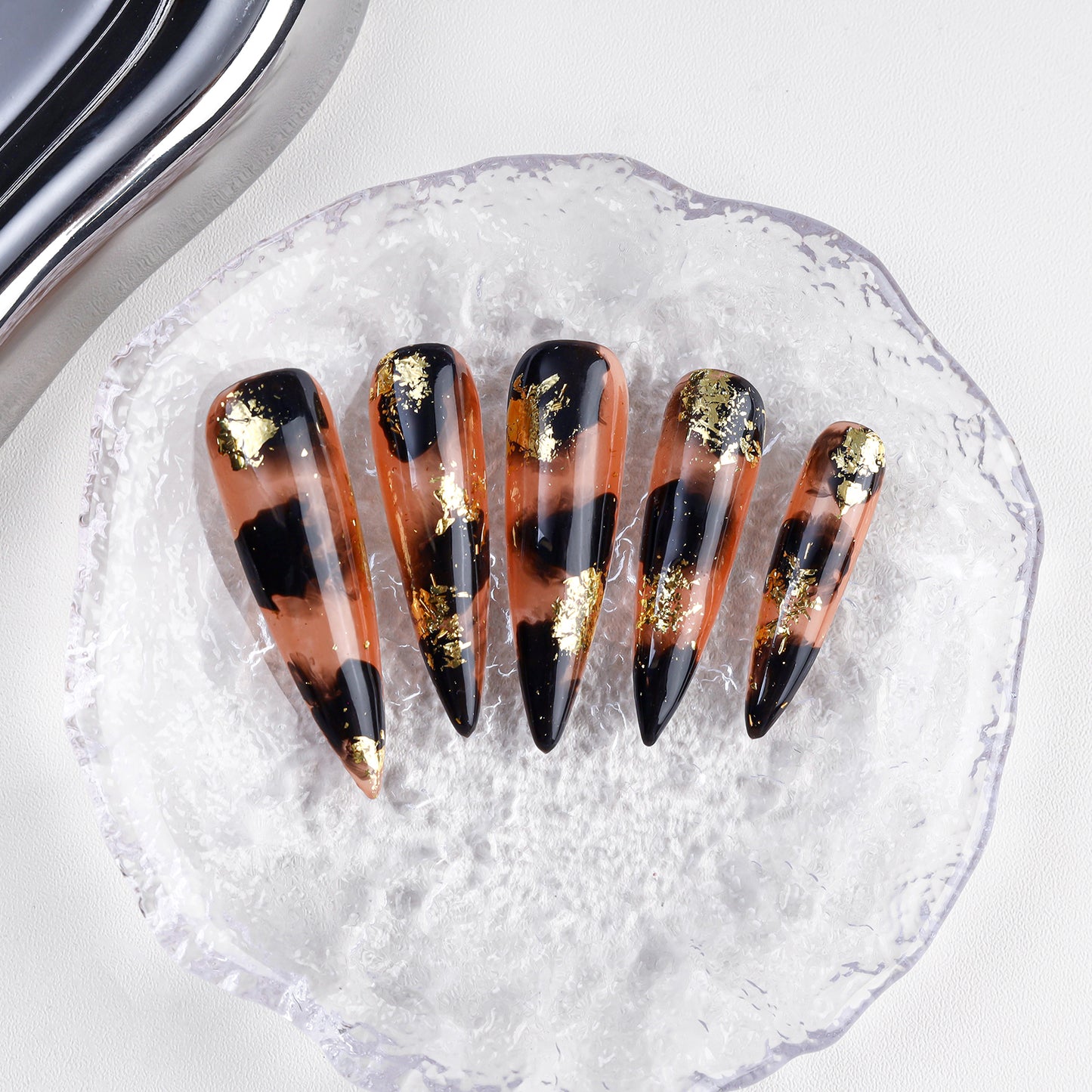 High Quality Gold Stamping Leopard Print Shape False Nails Handmade Acrylic Press on Nails Wholesale Fake Nail with Glue