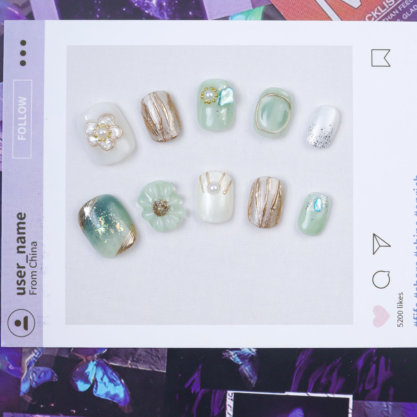 Luxury Handmade Press-On Nails | Jade Green Gradient with 3D Pearl Flower & Gold Foil Design | Premium Glue-On Manicure Set