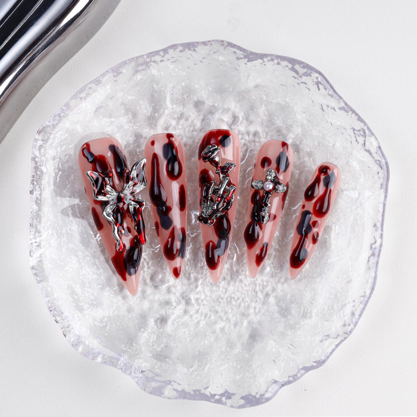 New Design Acrylic Red Blood Halloween 100% Handmade Stiletto Reusable Press on Nails Fake Nais 3d Wholesale with Glue for Party