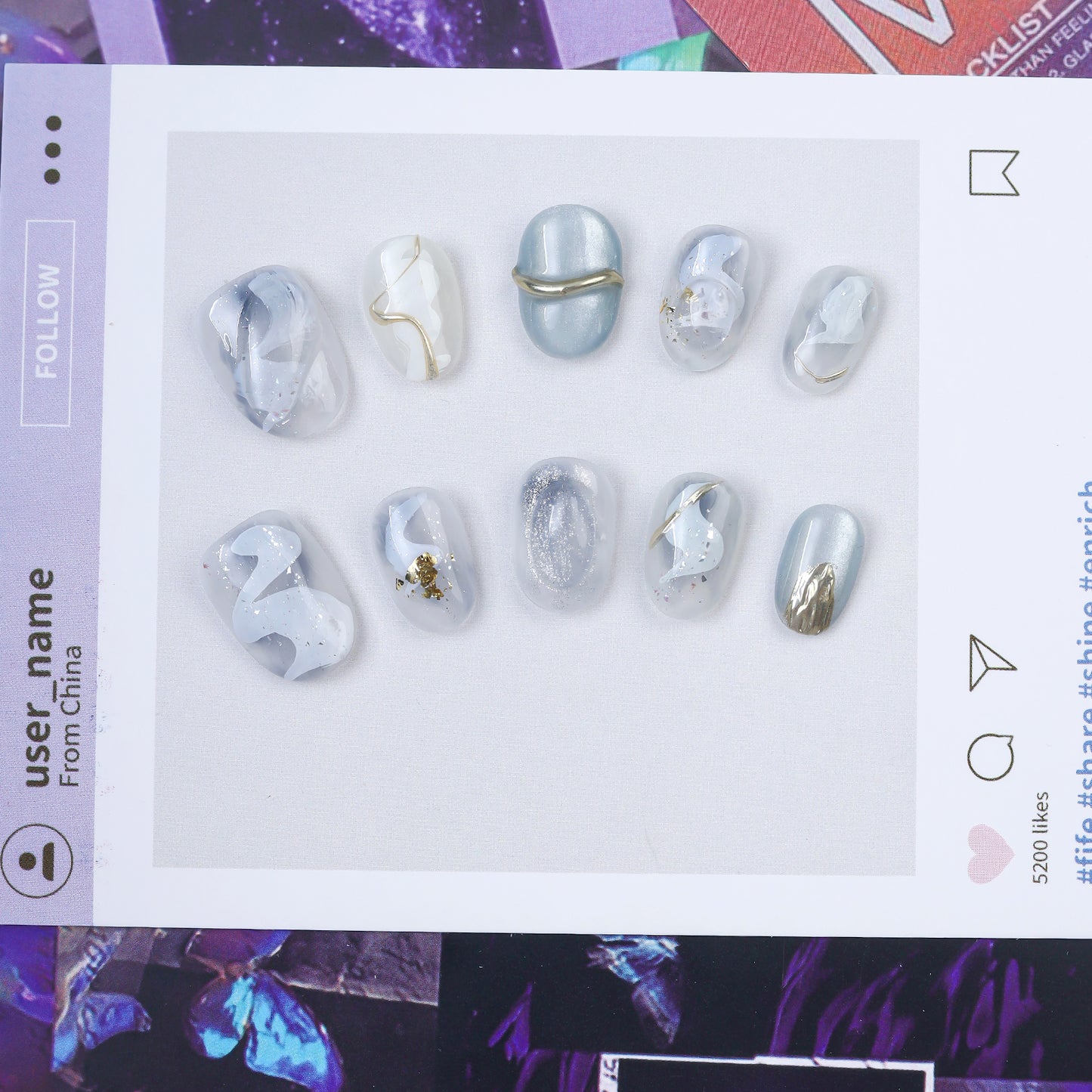 Handmade Oval Press-On Nails | Platinum Marble Swirl with White & Gold Foil | Glue-On Fake Nails Set