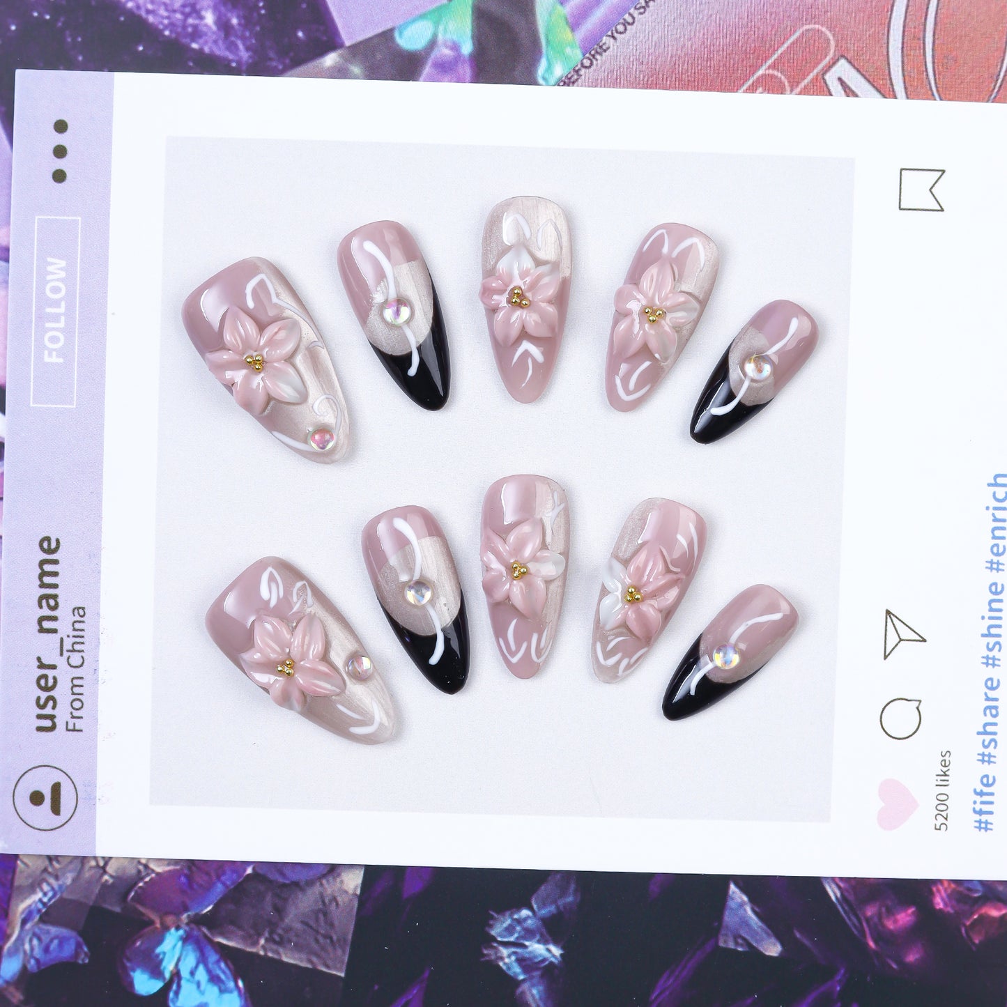 Luxury 3D Floral Cat Eye Design Handmade Reusable Press-On False Nails with Gift Package Luxury Floral False Nails