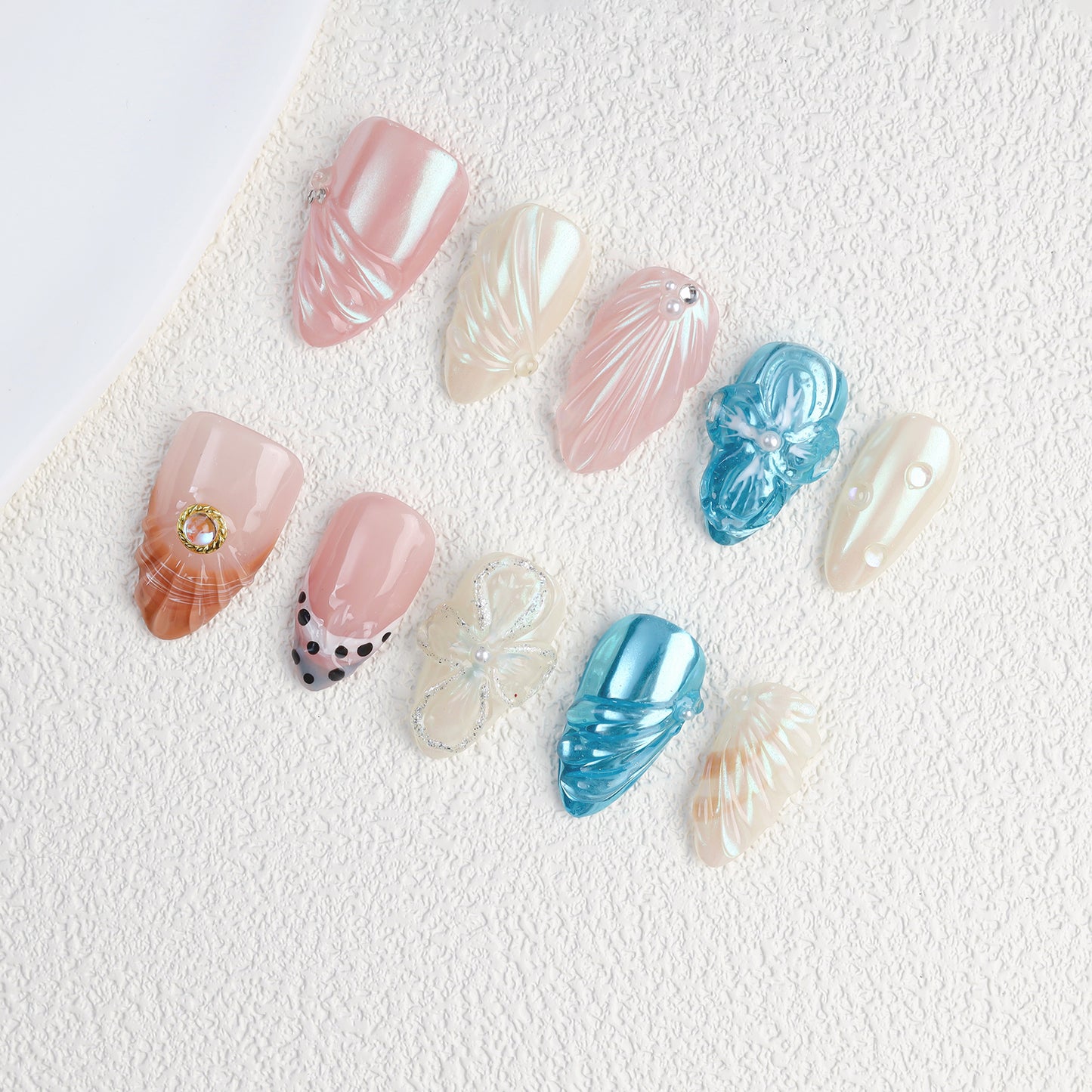 Handmade 3D Carving Aurora Almond Flower Design Custom 10pcs Reusable Press on Nails with Glue False Artificial Fingernails