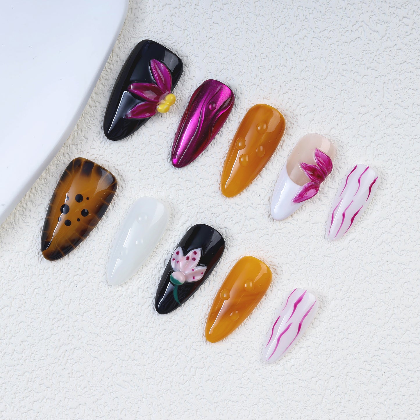 New 3d Carving Star Flower Handmade Artificial Fingernails False Acrylic Press on Nails Art Wholesale with Design