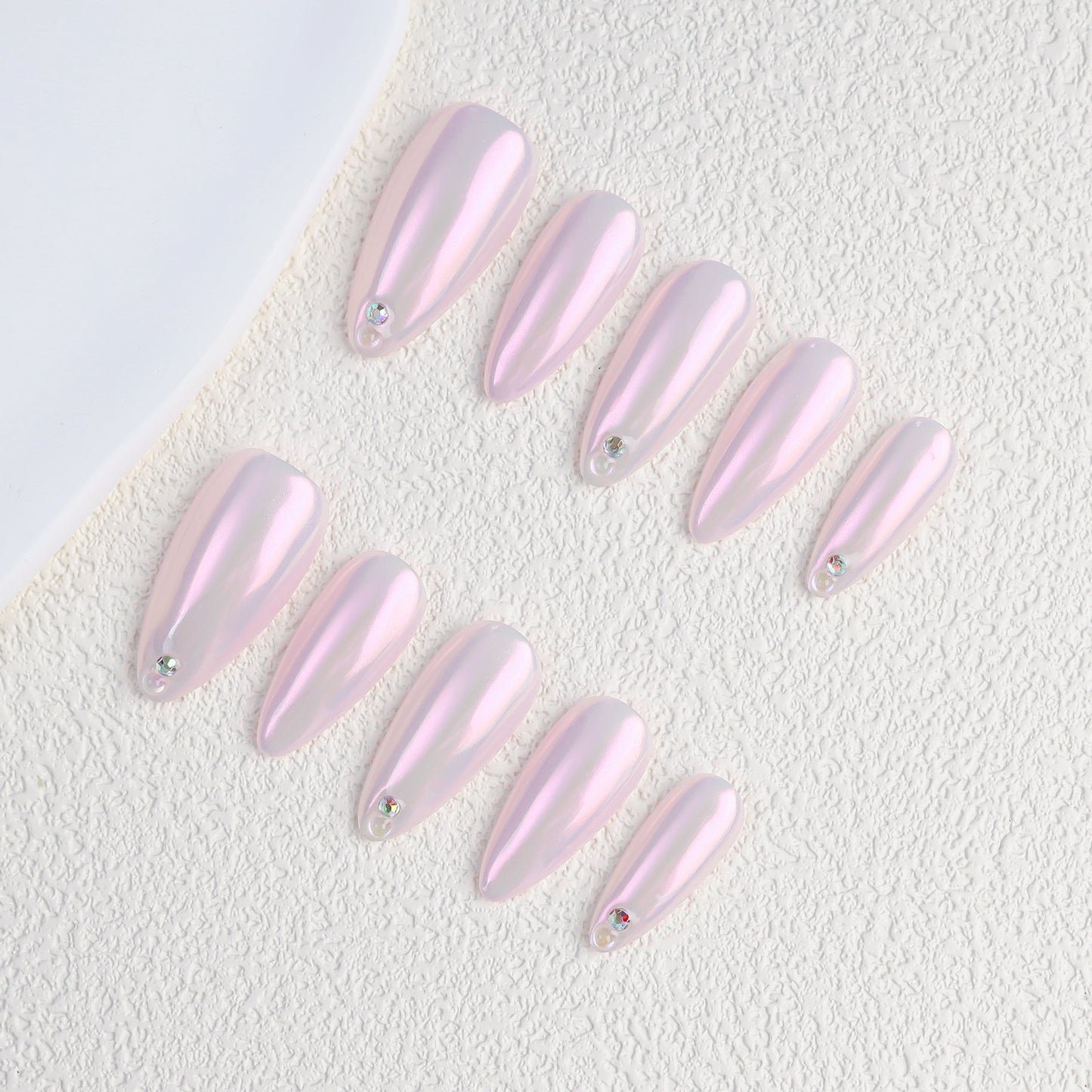 Pink Aurora Medium Length Almond Fashion Pressed Nail Set Solid Color Handmade False Nails Rhinestone Wholesale for Finger