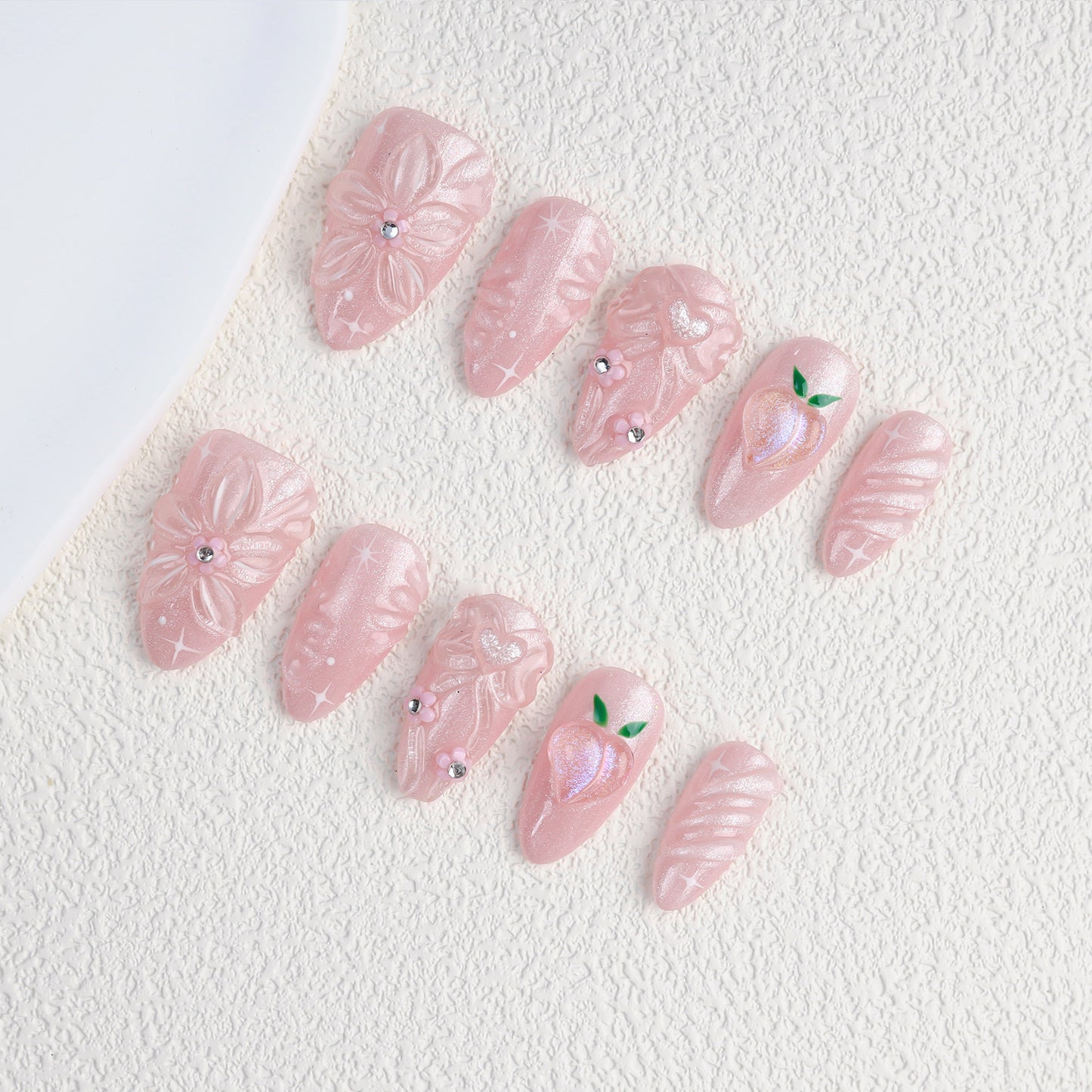 Pink Bow Acrylic 3d Flower Peach Shaped Almond Fake Nails Faux Ongles Handmade Press on Nail Art Acrylic False Nails with Glue