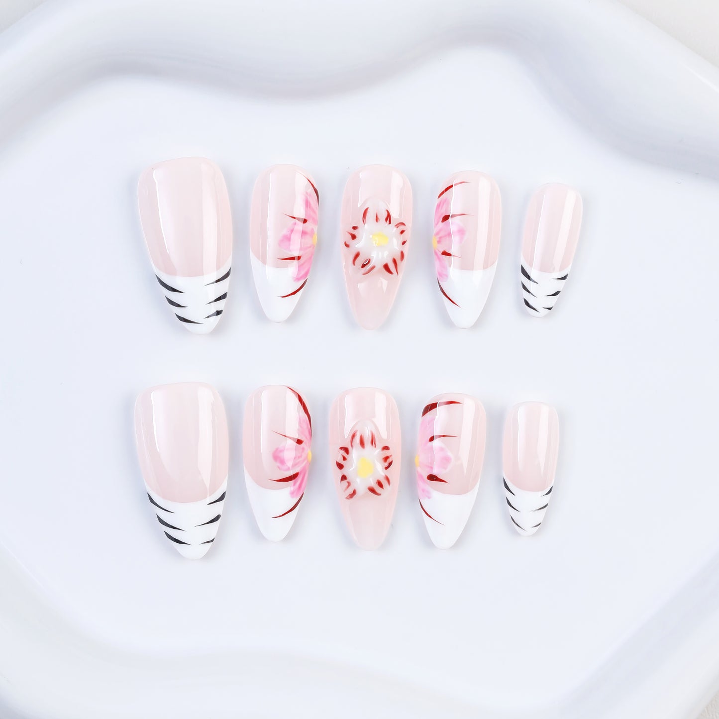Handmade 10pcs Almond Design Press-On False Nails Acrylic Fashionable Model Custom Flower Carving Full Cover Faux Ongles Finger
