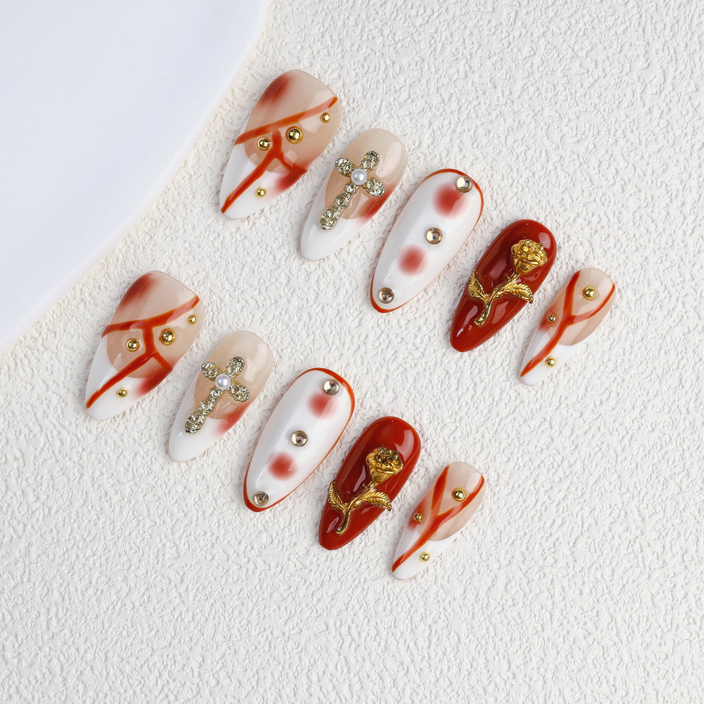 New Popular Hand Painted Cross Rose Almond False Nails 10pcs Artificial Press Nails for Girls Handmade Wholesale for Finger