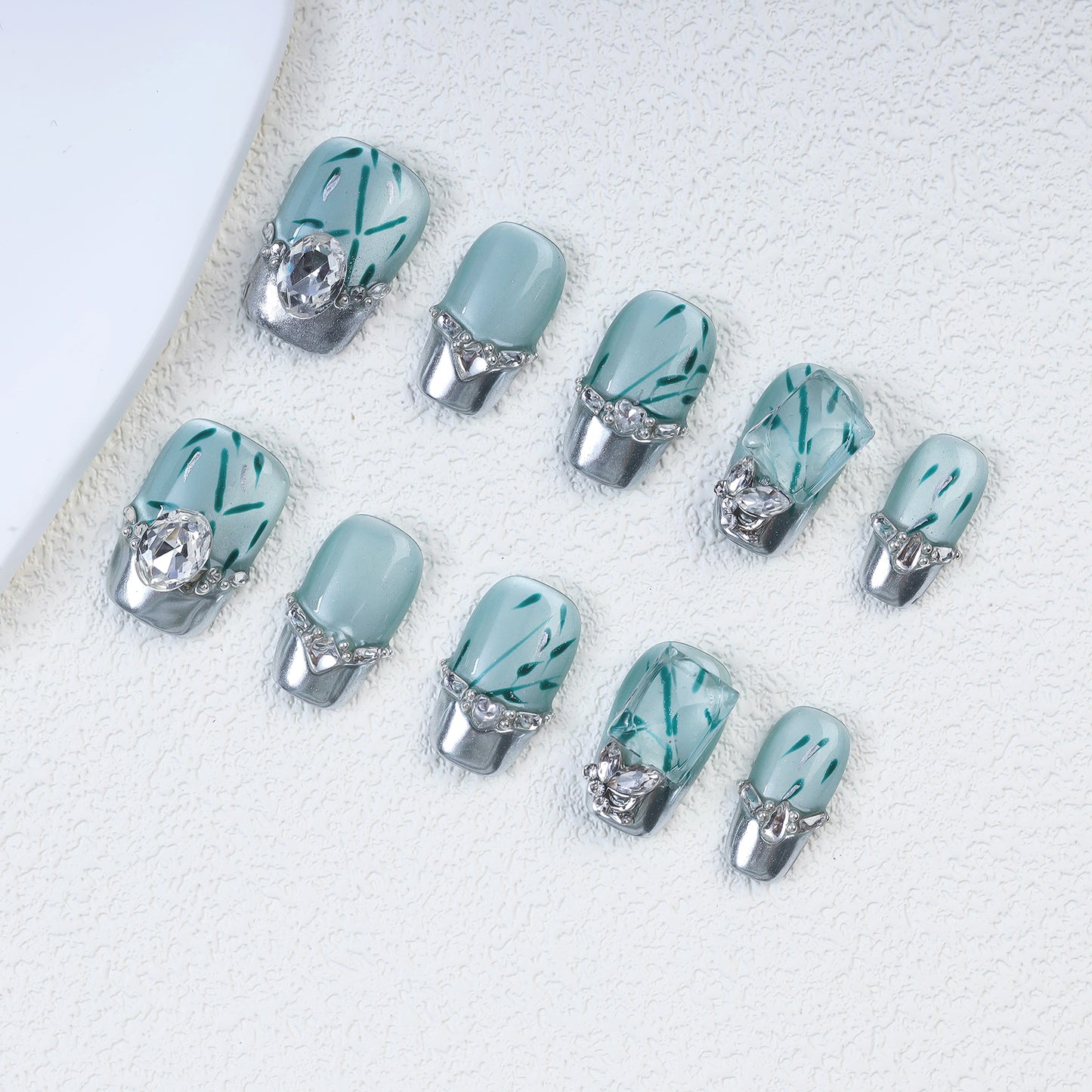 High Quality 10pcs Chinese Style French Tip Cat Eye Press on Green Fake Nails Set Handmade New Style