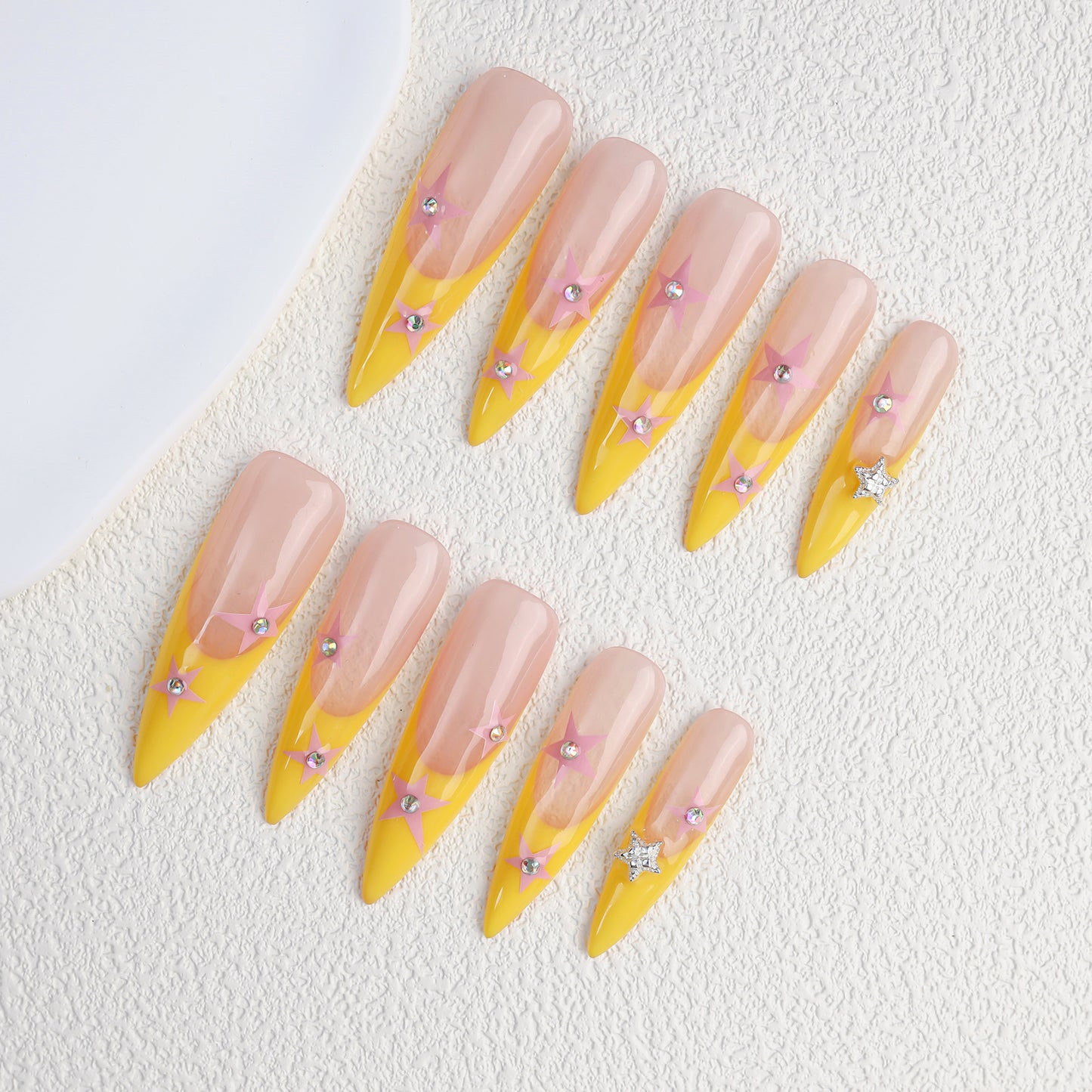 Luxury Long Stiletto Yellow French Tip Pink Star Shape Handmade False Press on Nails Artificial Fingernails for Party