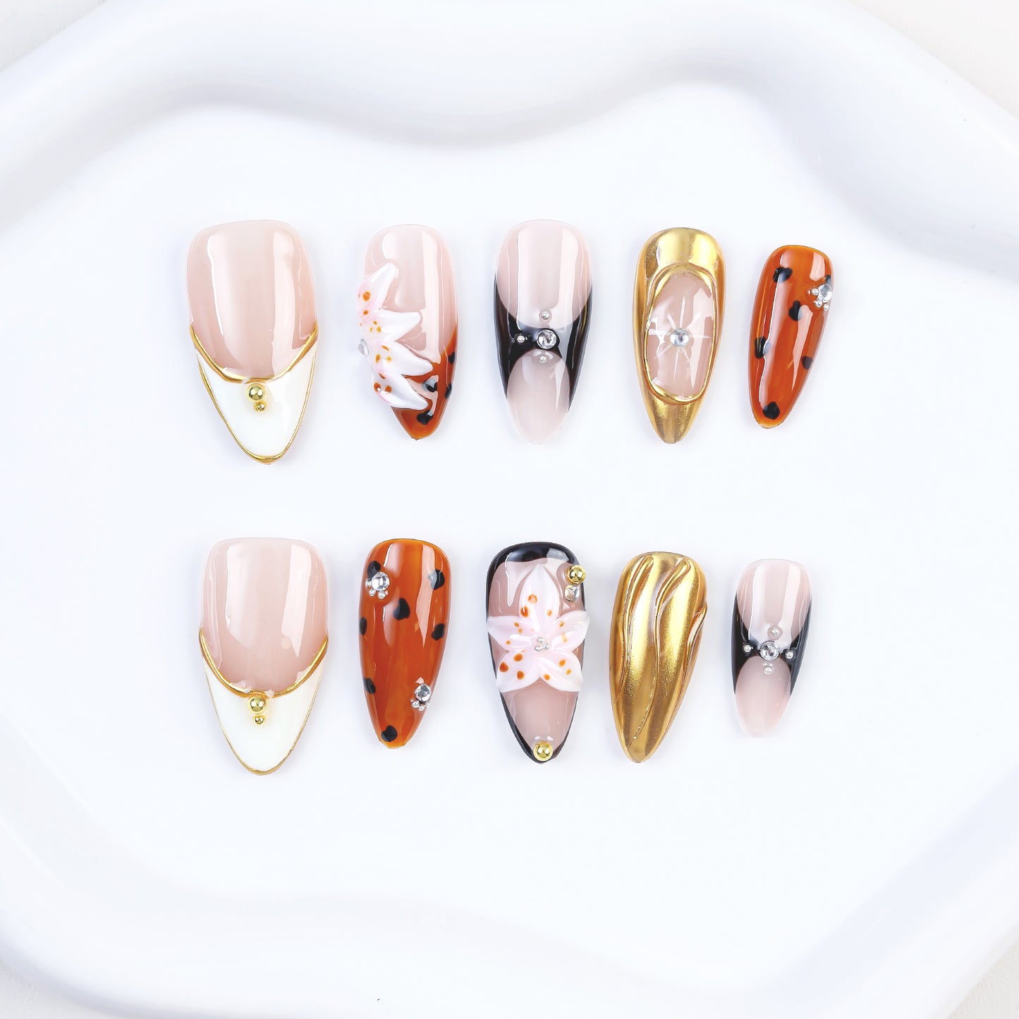 High Quality Custom 3D Flower Design Handmade Acrylic Full Cover Press-On Fake Nails Unique Faux Ongles Ready-Made Finger 10PCS