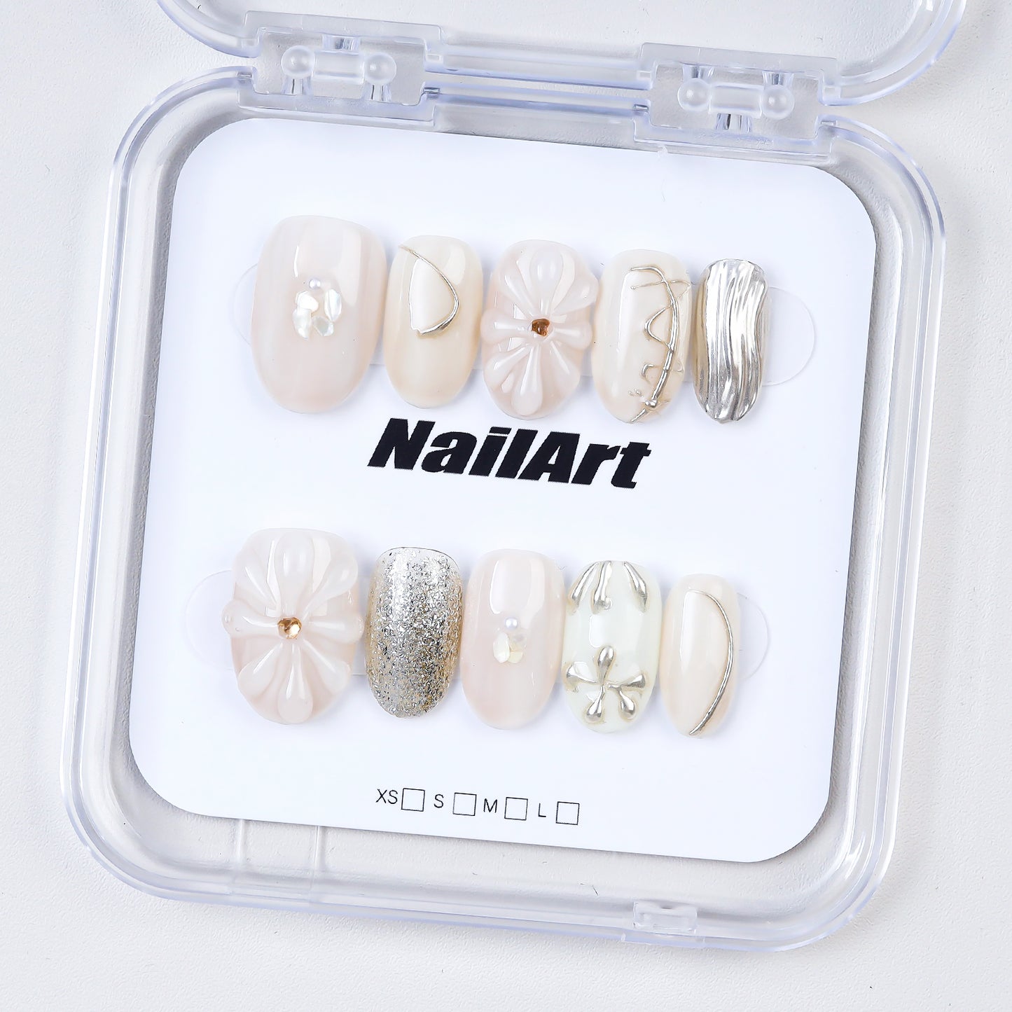 High Quality 10pcs Handmade 3D Short Acrylic Gel Press Nails Elegant Pearl Shell & Silver Design Private Label False Nails