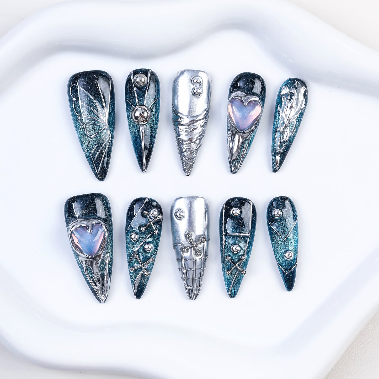 Fashion Printing Handmade False Nails Press on Nails Y2K Stiletto Style Artificial Fingernails Nail Art With With Rhinestones