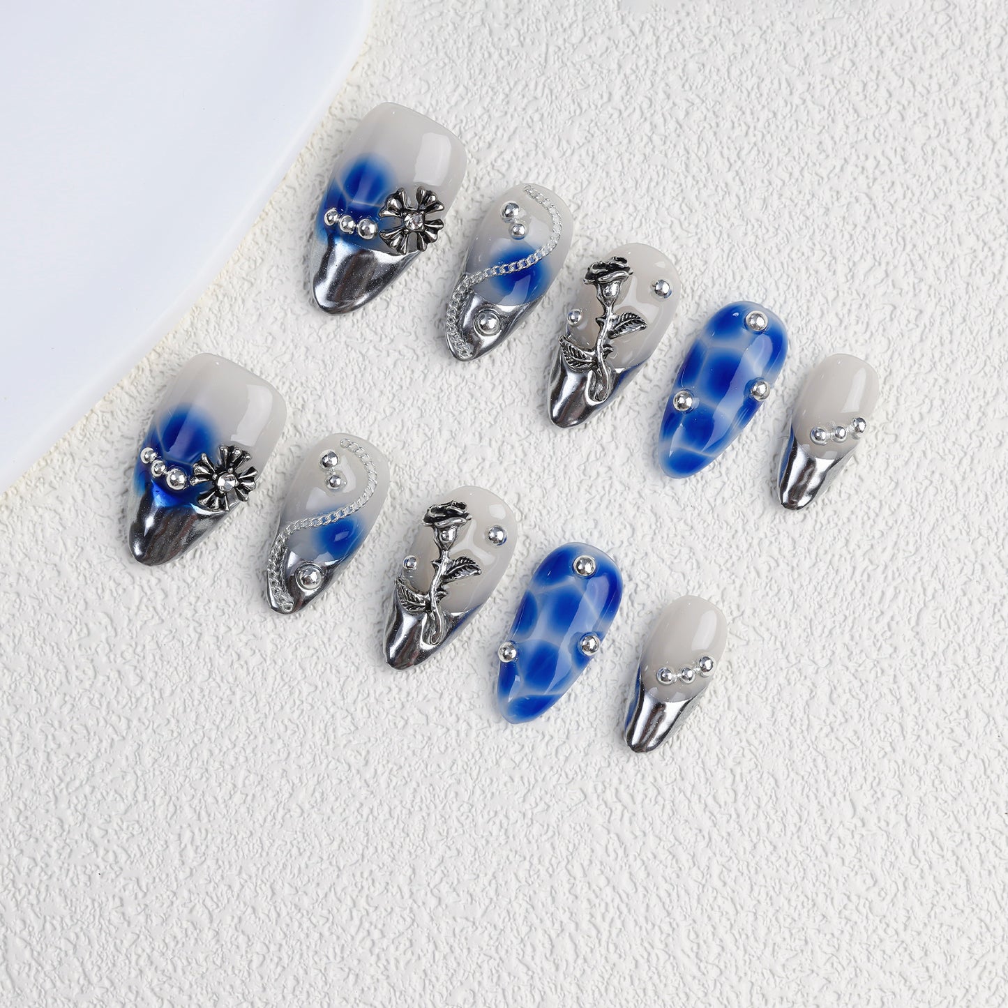 Custom 3d Blue Rose Pearl Handmade Acrylic Reusable Press on Nails Wholesale Fake Nails 10pcs with Charm