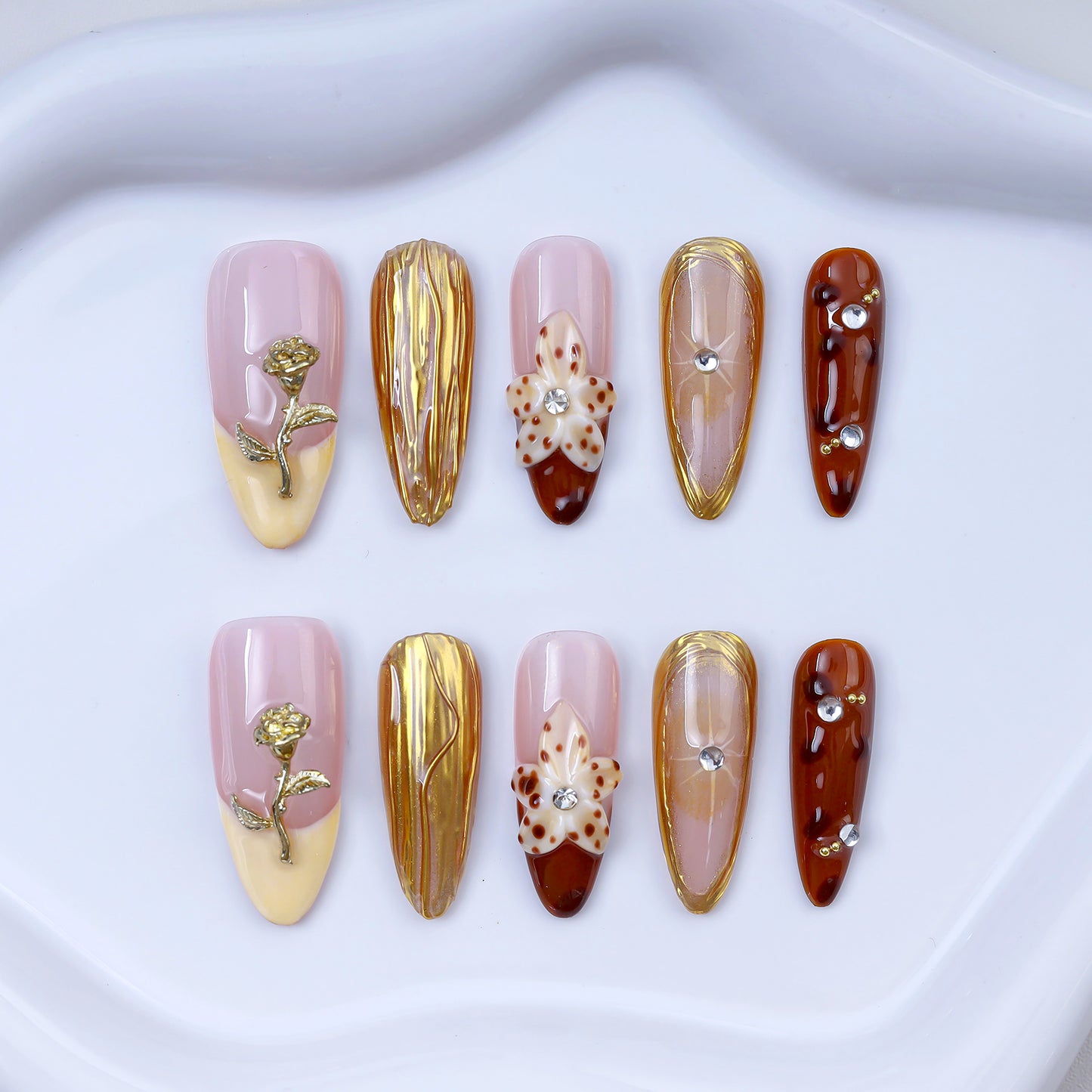 Handmade Almond Press-On Nails | Pink Gold Rose & Amber Tortoiseshell with Rhinestone | Luxury Glue-On Nails