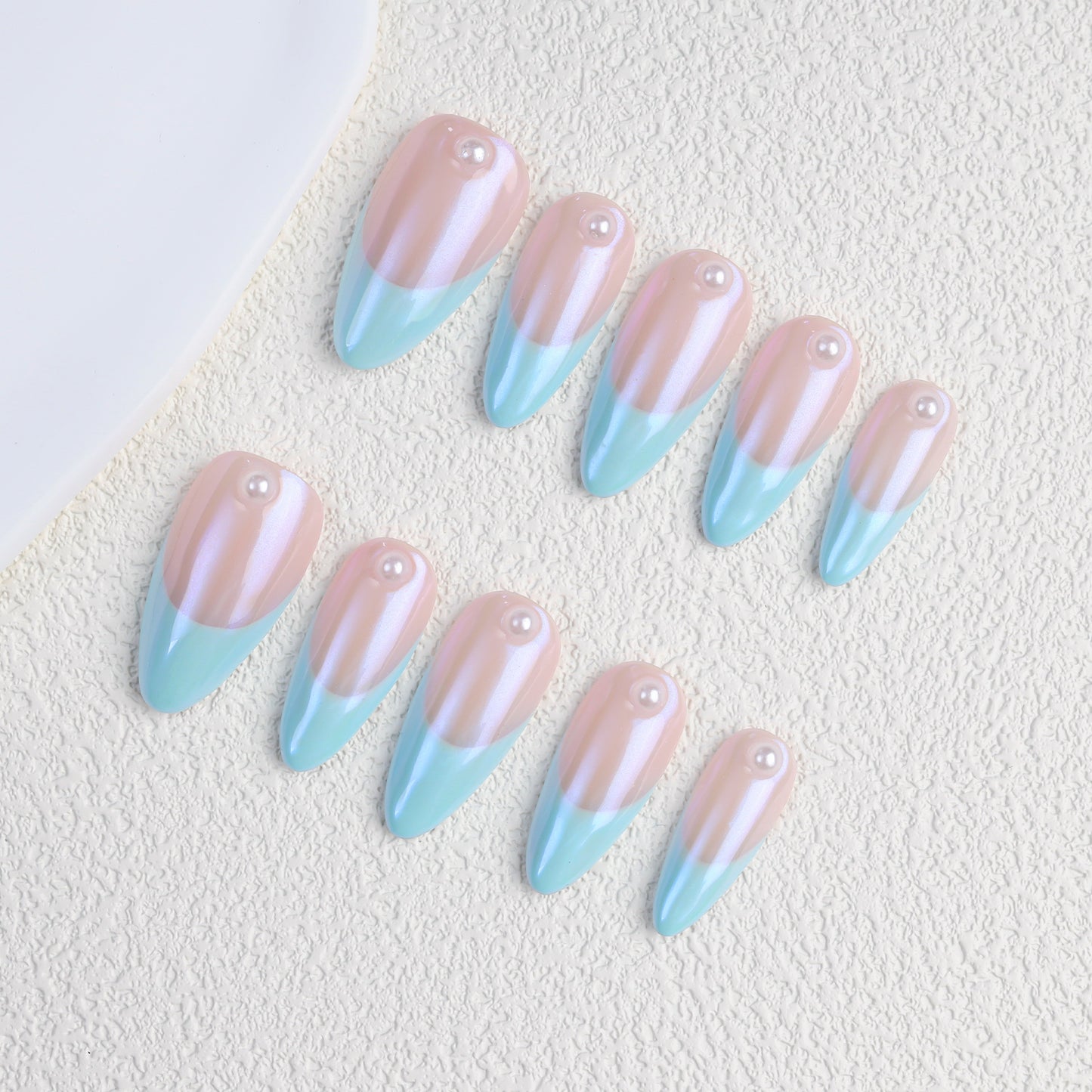 Blue Aurora Almond-Shaped French Style Artificial Nails Long Handmade High Quality Reusable Pearl for Finger Application