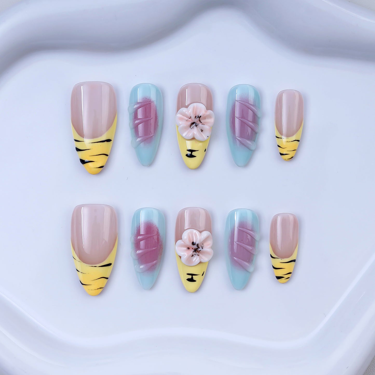 Handmade Almond Press-On Nails | Yellow Tiger Stripe with 3D Pink Flower & Blue Gradient Design | Cute Glue-On Nails