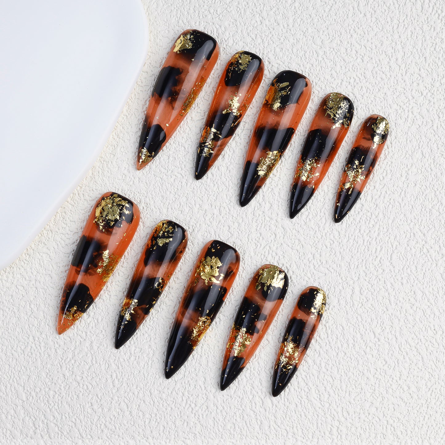 High Quality Gold Stamping Leopard Print Shape False Nails Handmade Acrylic Press on Nails Wholesale Fake Nail with Glue