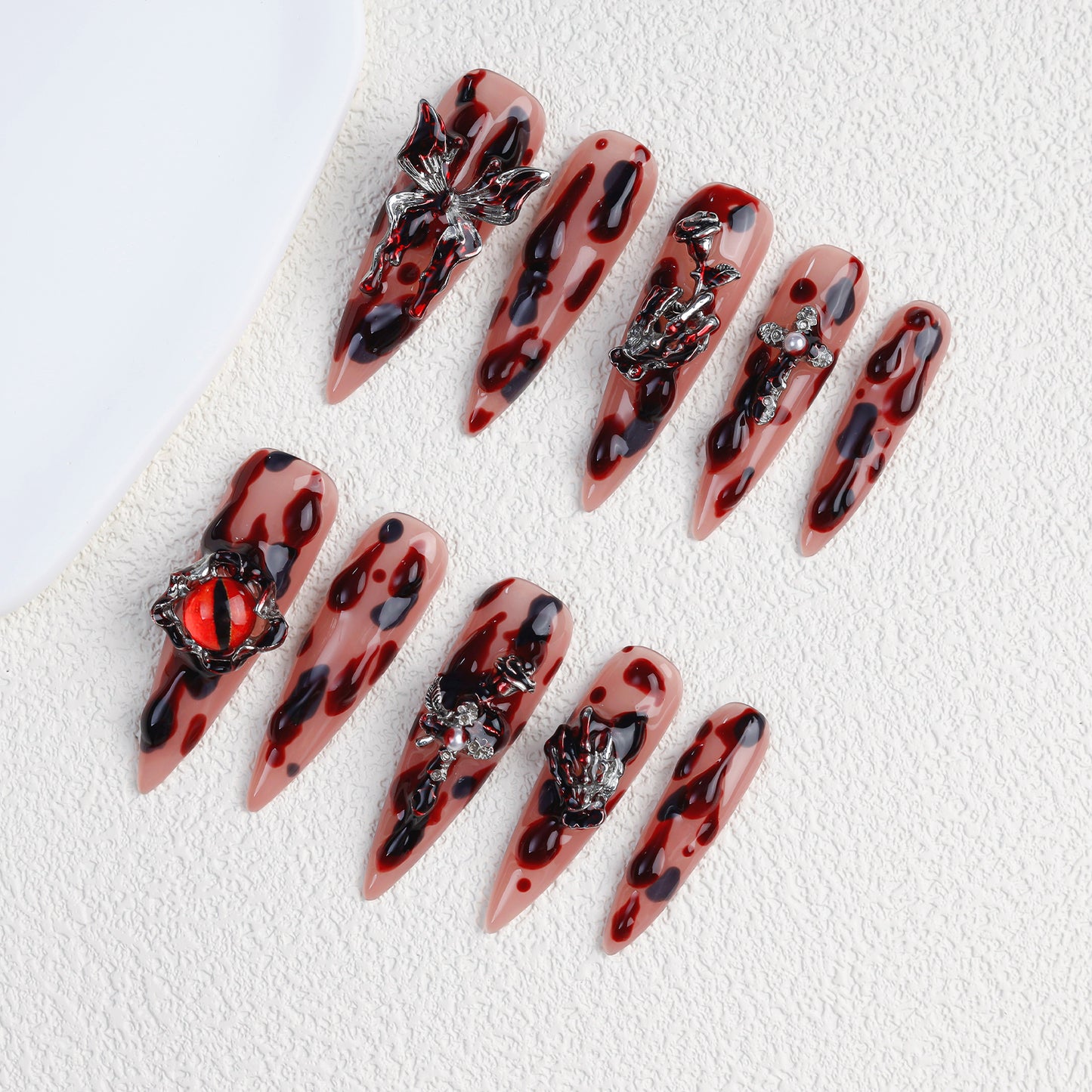 New Design Acrylic Red Blood Halloween 100% Handmade Stiletto Reusable Press on Nails Fake Nais 3d Wholesale with Glue for Party