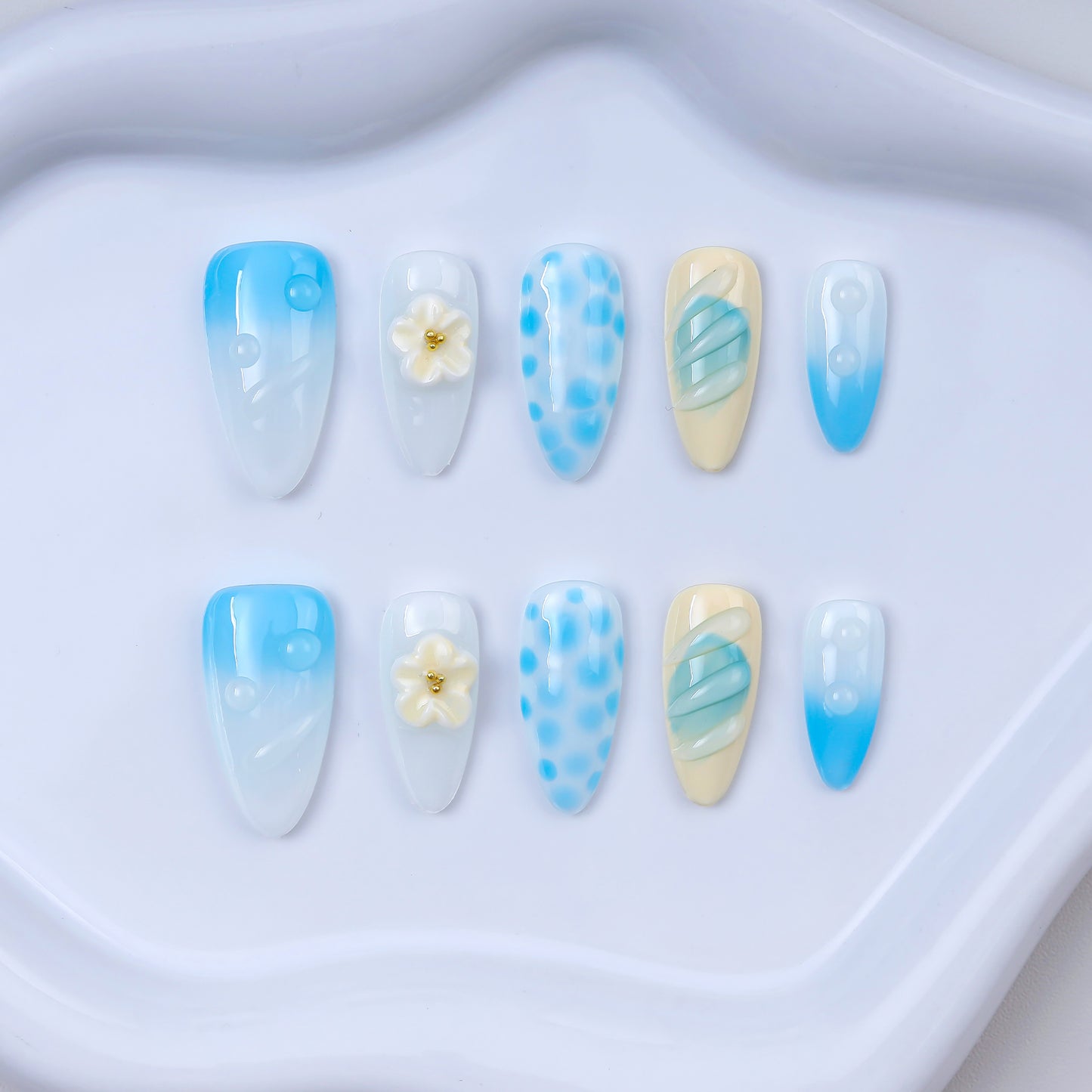 Handmade Almond Press-On Nails Blue Gradient 3D Flower Polka Dot Stripe Design Glue-On False Nails Set