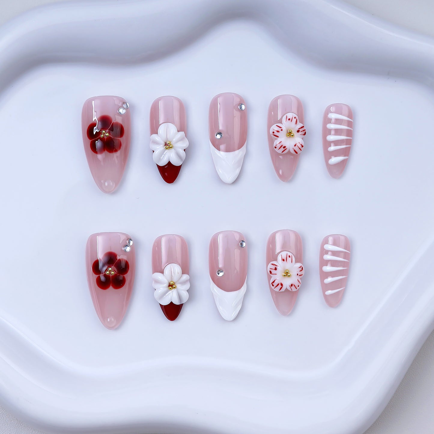 Handmade Almond Press-On Nails | 3D Red White Flower with Rhinestone & Stripe Design | Romantic Glue-On Nails