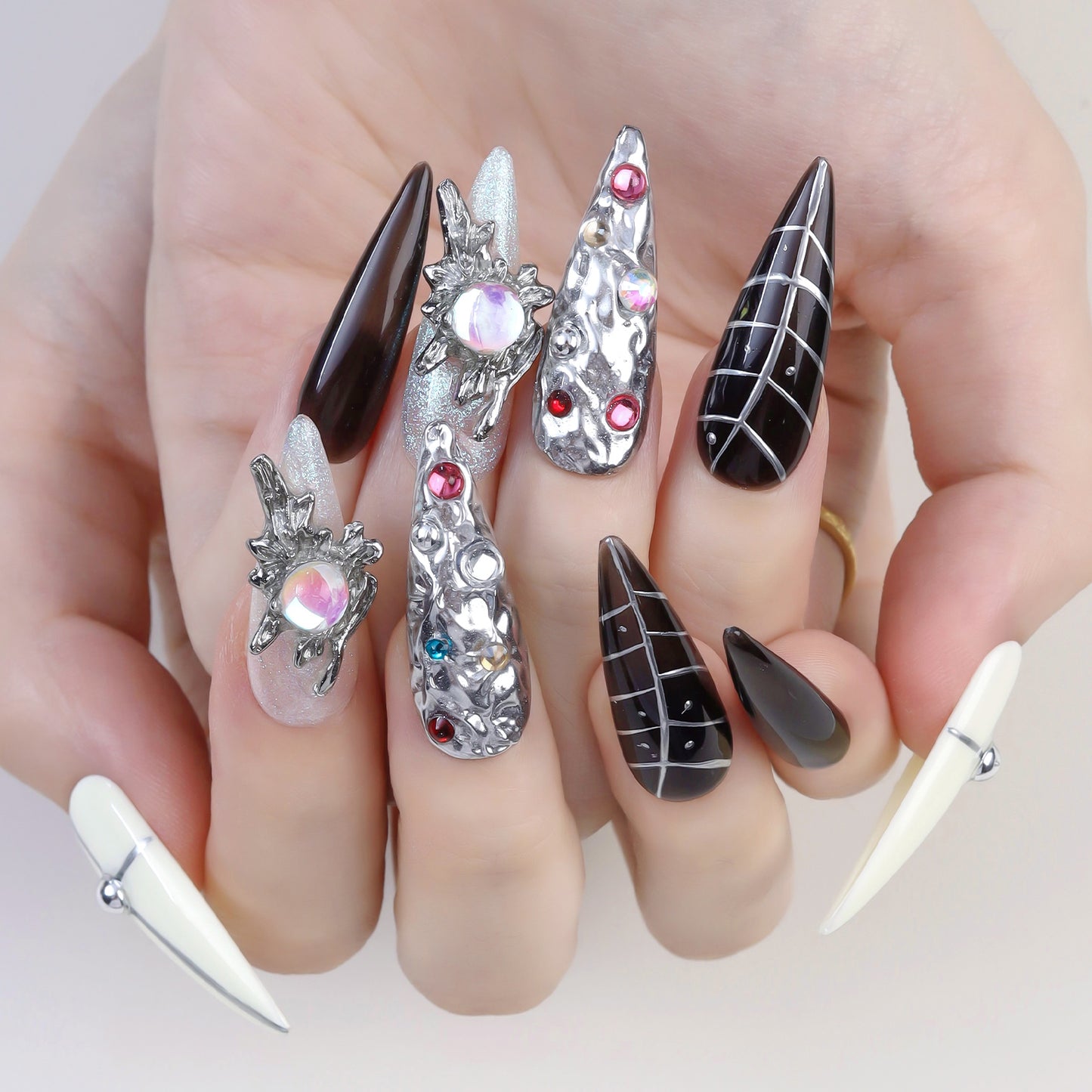 Custom Gothic Handmade Press Nails Full Cover Artificial Fingernails 3D Pink Luxury Stiletto Y2k Metallic Pre-designed 10pcs