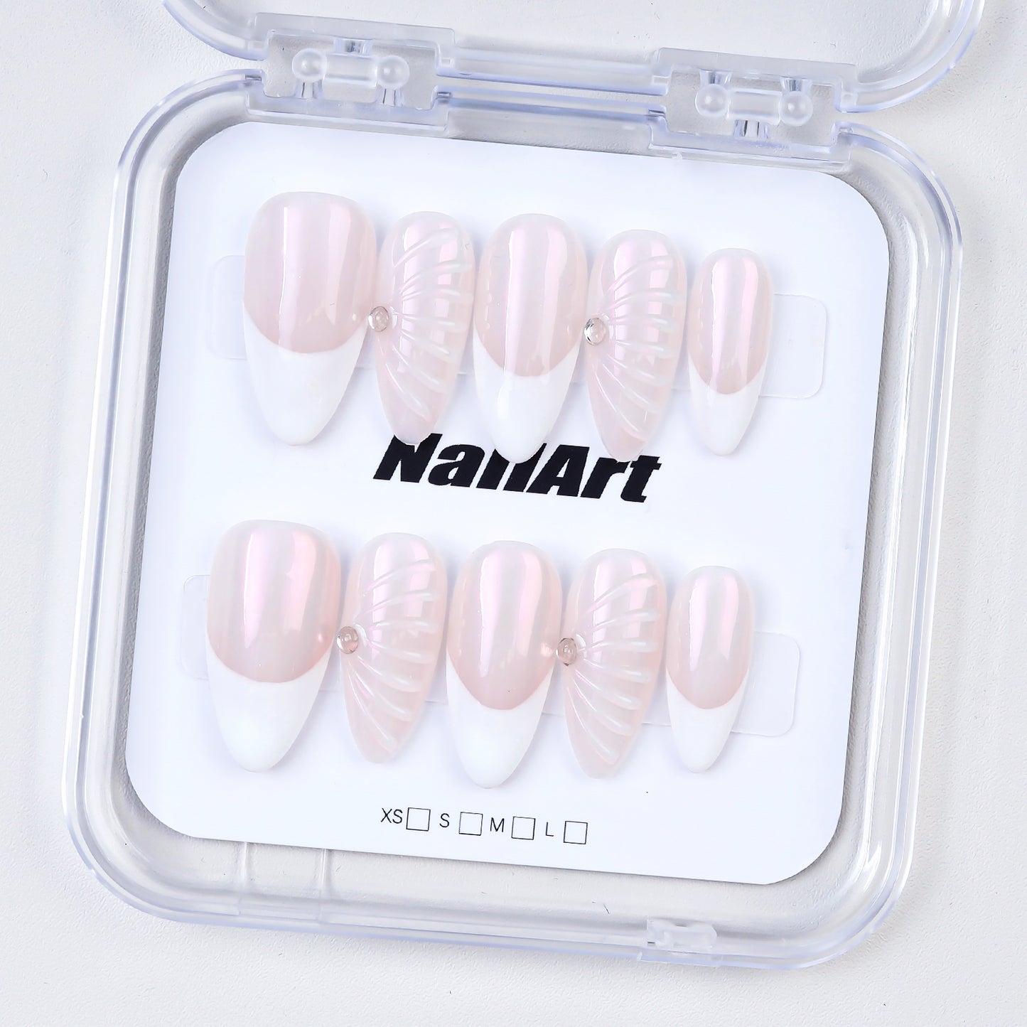 Cats Eye Mirror Powder French Tip Press on Nails Acrylic False Nails French Artificial Fingernails With Glue Packaging Box
