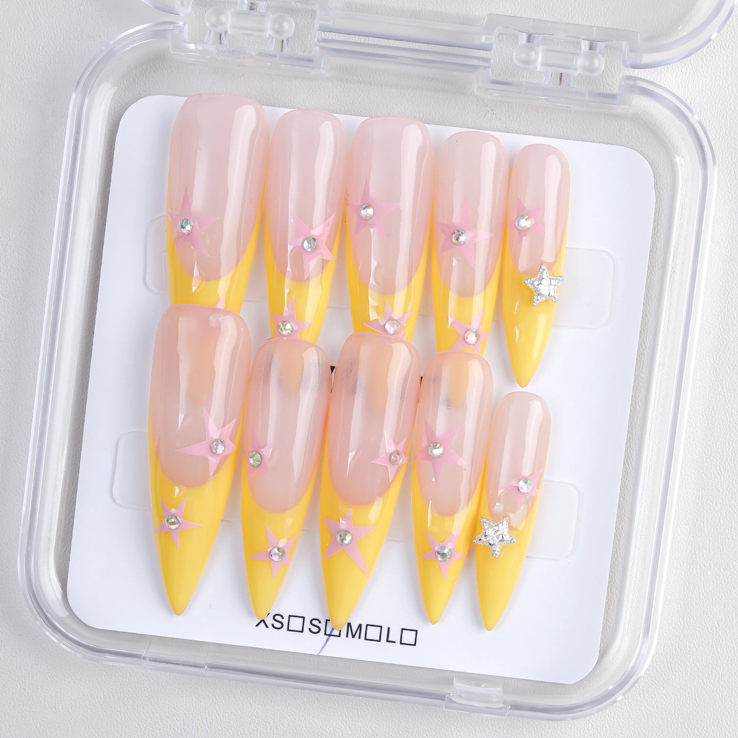Luxury Long Stiletto Yellow French Tip Pink Star Shape Handmade False Press on Nails Artificial Fingernails for Party