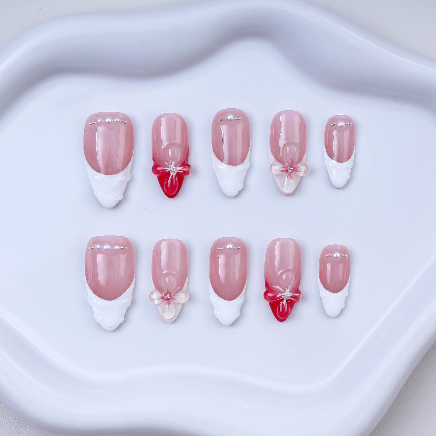 Wholesale 10pcs Alomnd Handmade Short Pink 3D Flower French Press on Nails Removable Fake Nails Art for Fingers