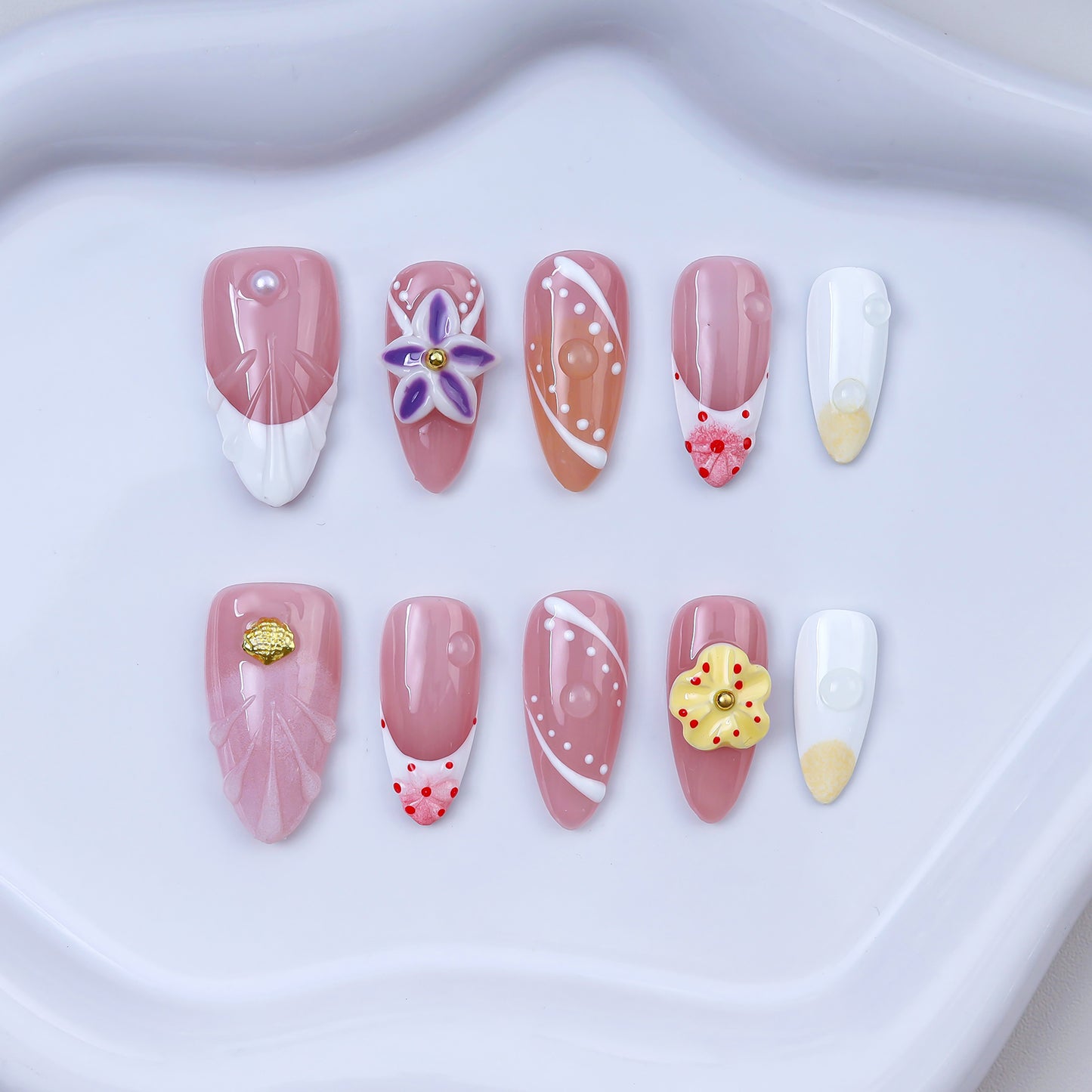Handmade Oval Press-On Nails | Pink White Gradient 3D Flower Pearl Dots Design | Cute Glue-On False Nails Set