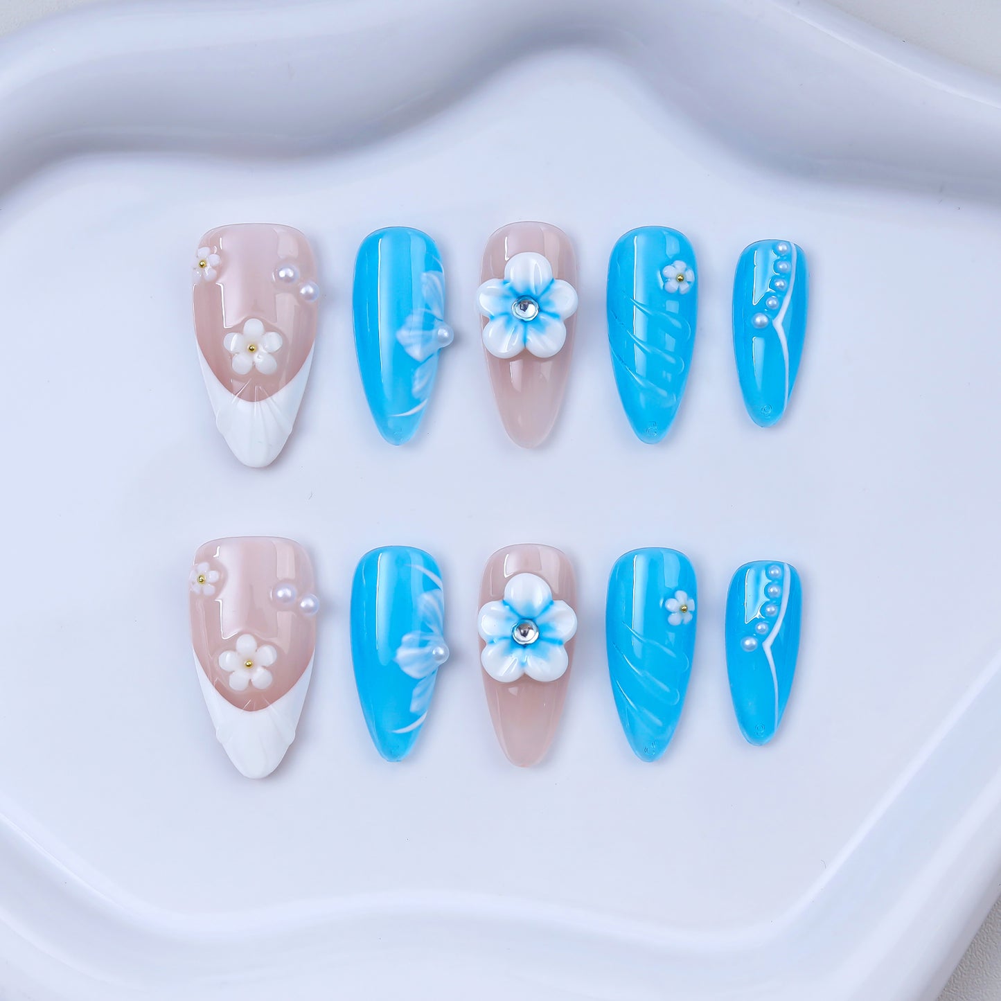 French Almond Romantic Flowers 3D Coffin Shape Design Handmade Press on Nails for Parties Oil Painting Style for Fingers