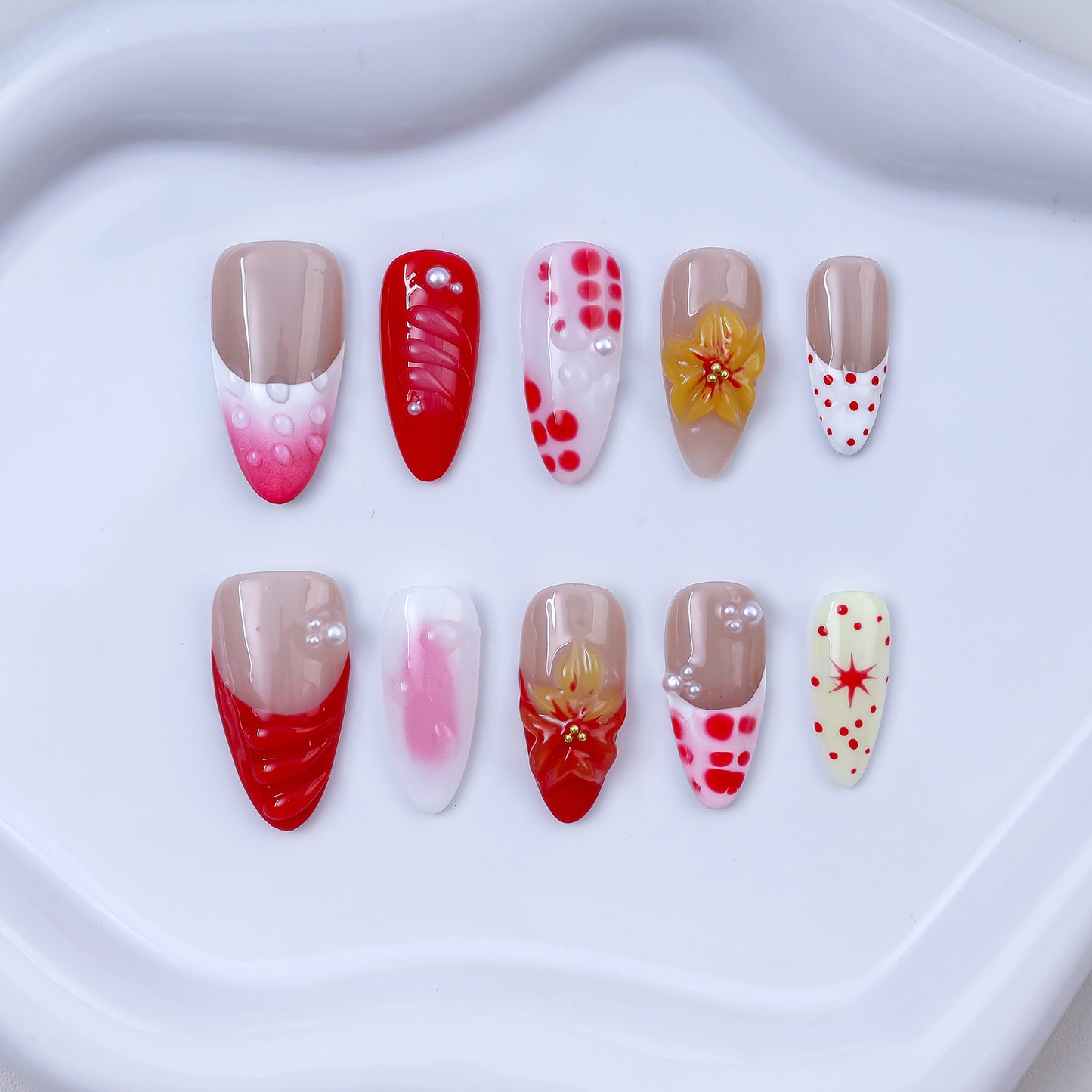 Handmade Almond Press-On Nails | Red Gradient 3D Flower with Pink Polka Dot & Pearl Design | Luxury Glue-On Nails