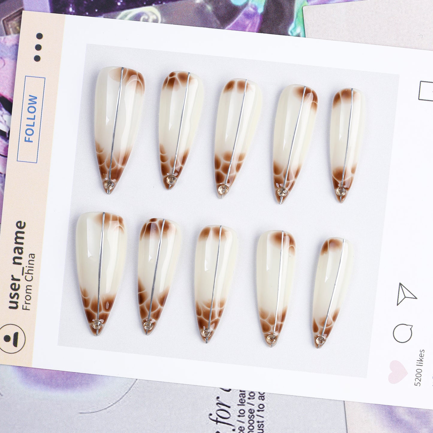 Unique Design Long Handmade Custom Acrylic Press on Nails Wholesale False Nails Artificial Fingernails with Rhinestone