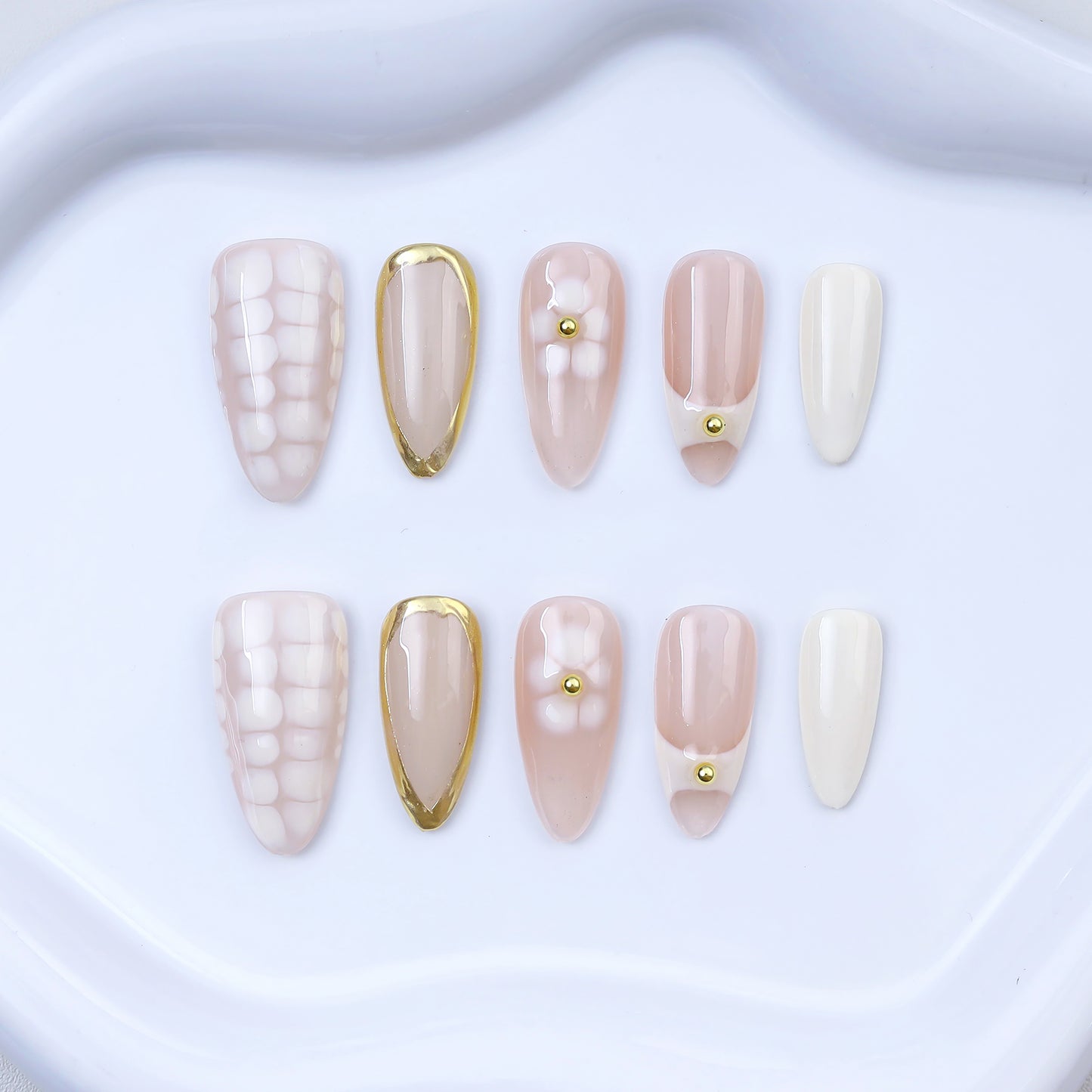 Handmade High-End Full Cover Pre-designed Checkerboard Floral Design Acrylic Press Fingernails 10pcs Artificial False Nail