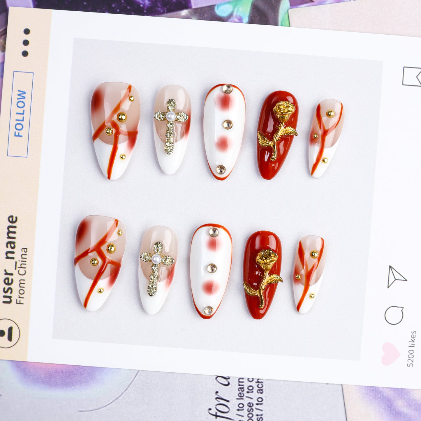 New Popular Hand Painted Cross Rose Almond False Nails 10pcs Artificial Press Nails for Girls Handmade Wholesale for Finger