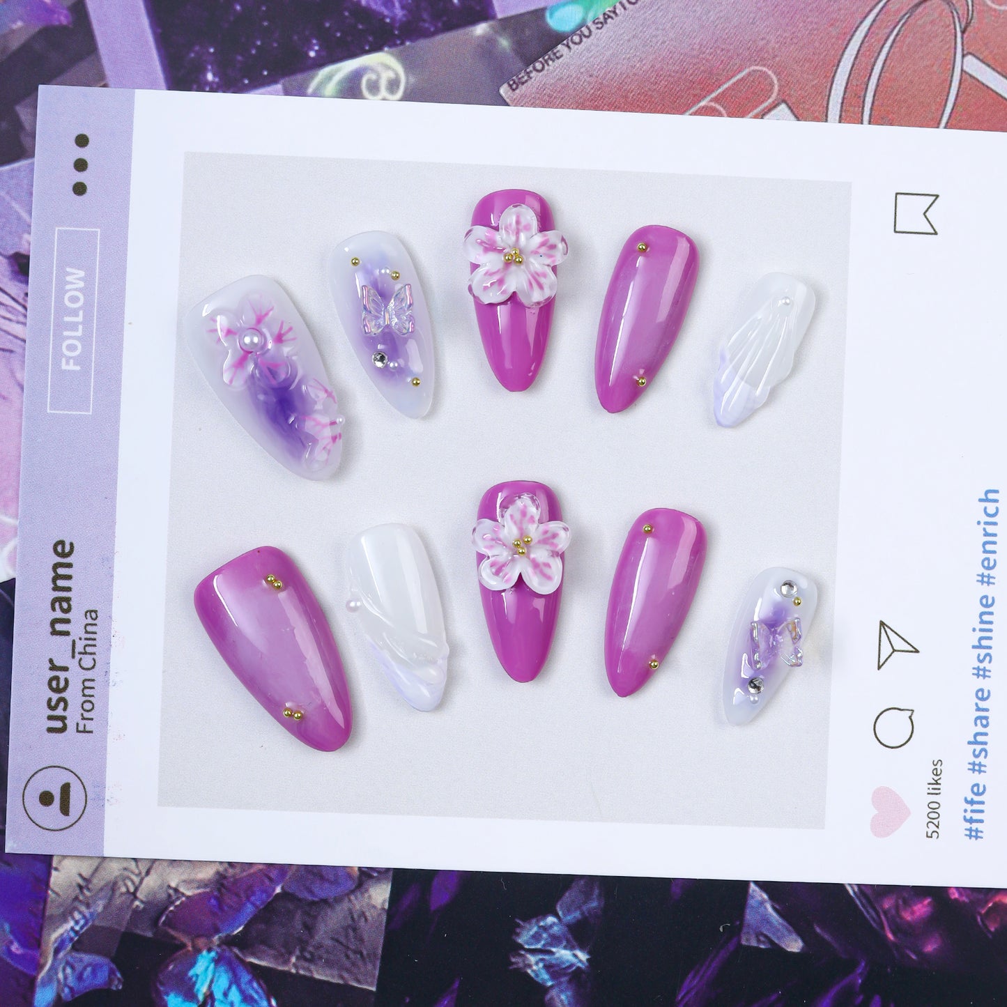 Diy Flower Relief Design Handmade 3d Almond Press on Nails Reusable Acrylic Nails Press on Artificial Fingernails