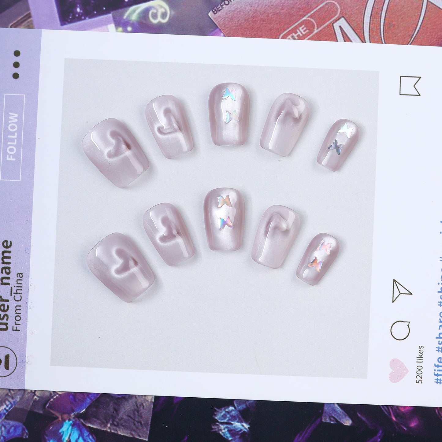 New Design Luxury Pink Heart Cat-eye French Design Full Cover Custom Nails Coffin Almond Press on Nails Wholesale False Nails