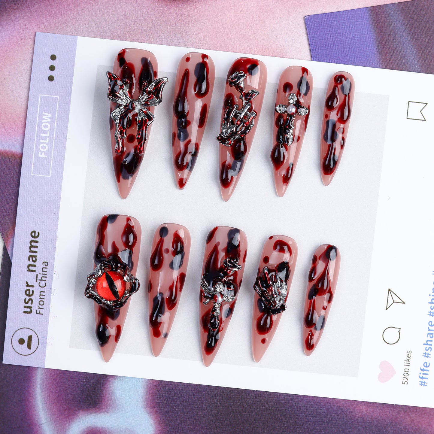 New Design Acrylic Red Blood Halloween 100% Handmade Stiletto Reusable Press on Nails Fake Nais 3d Wholesale with Glue for Party